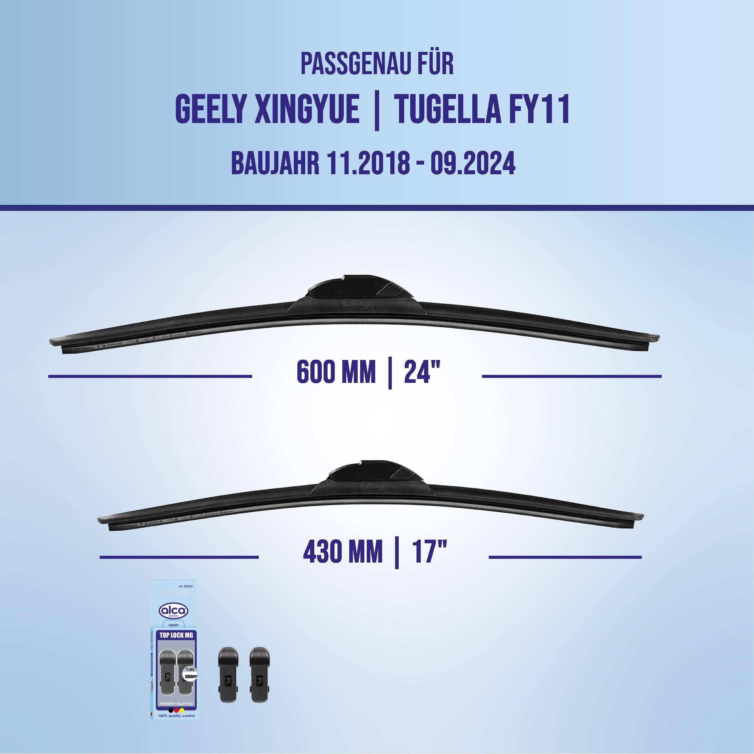 Einbauanleitung für Geely Xingyue und Tugella FY11, Modelljahre 11.2018–09.2024; Scheibenwischergröße 600 mm (24