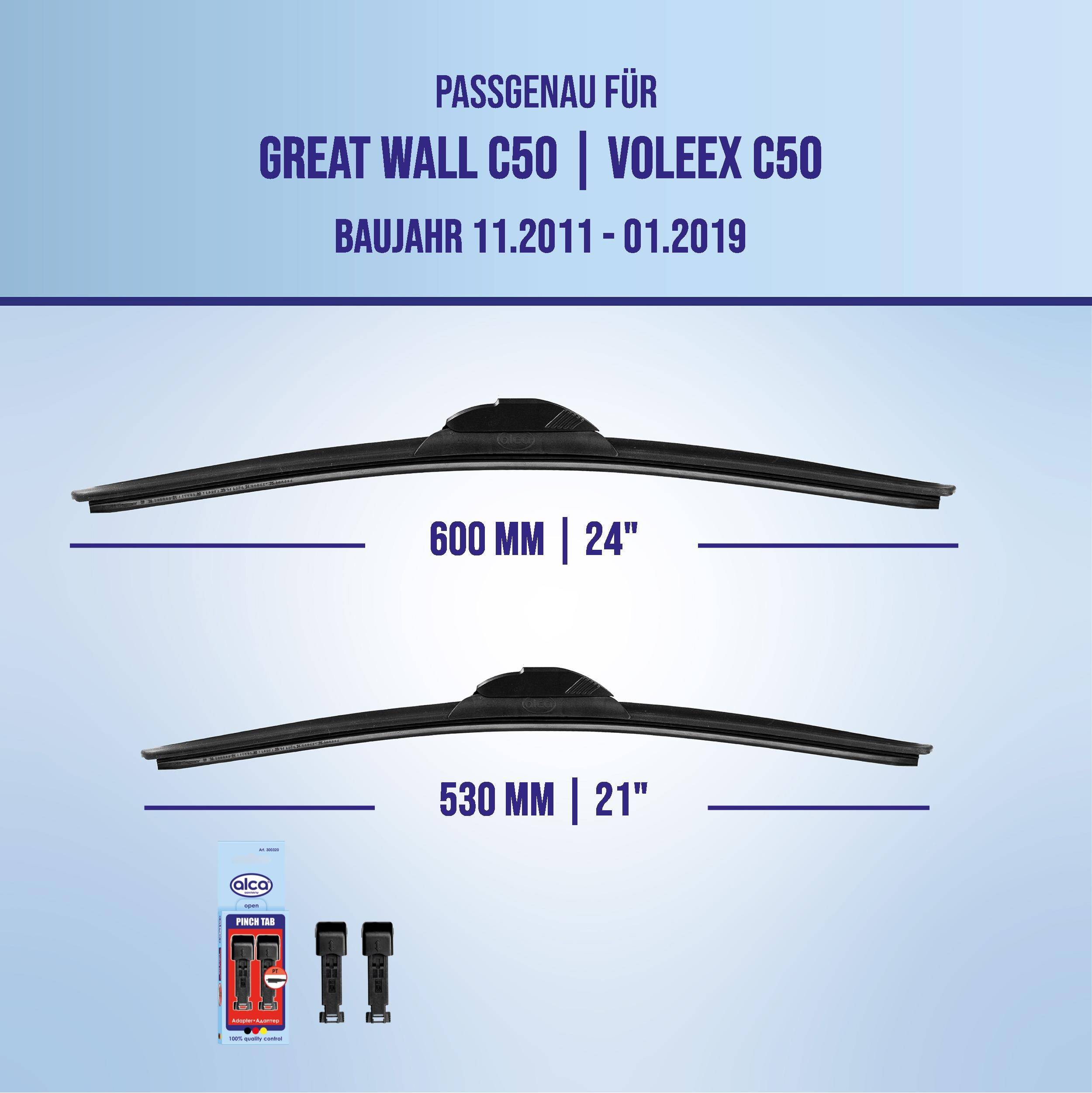 Kompatibilitätsgrafik für Great Wall C50/Voleex C50 (Baujahre 11.2011-01.2019), zeigt Wischblattergrößen 600 mm (24