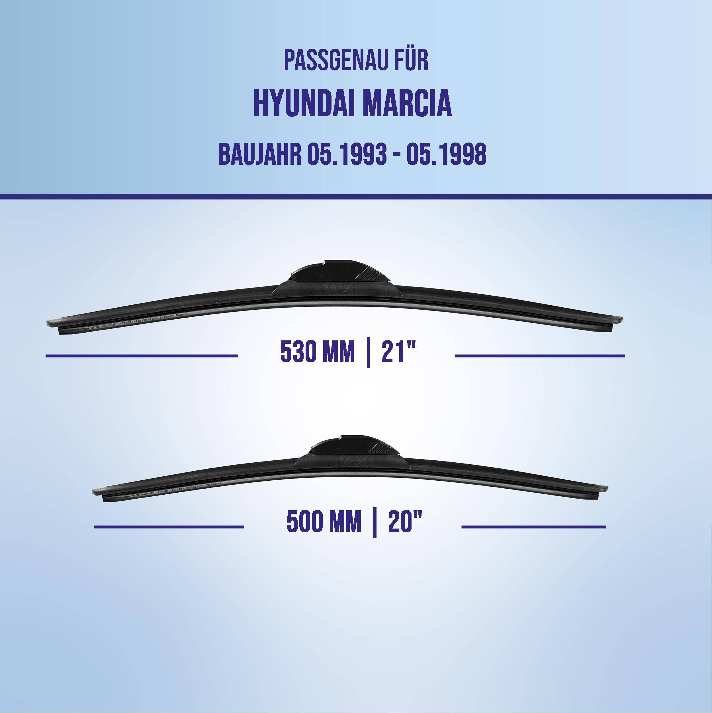 Grafik mit Scheibenwischern, die mit Hyundai Marcia, Modelljahre 05.1993–05.1998, kompatibel sind, in den Größen 530 mm (21