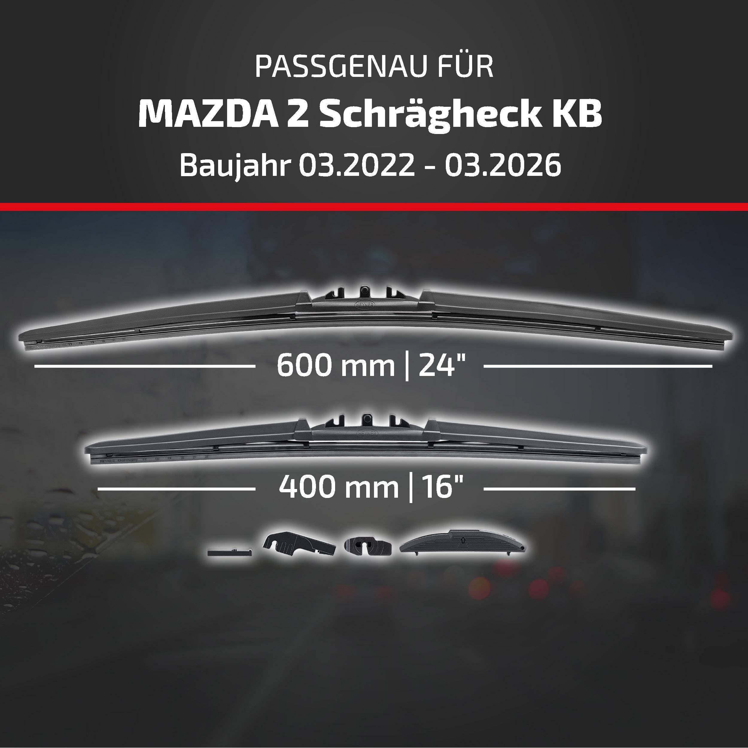 Kompatibilitätsgrafik für Mazda 2 Schrägheck, Modelljahre 03/2022-03/2026, zeigt empfohlene Scheibenwischergrößen: 600 mm (24