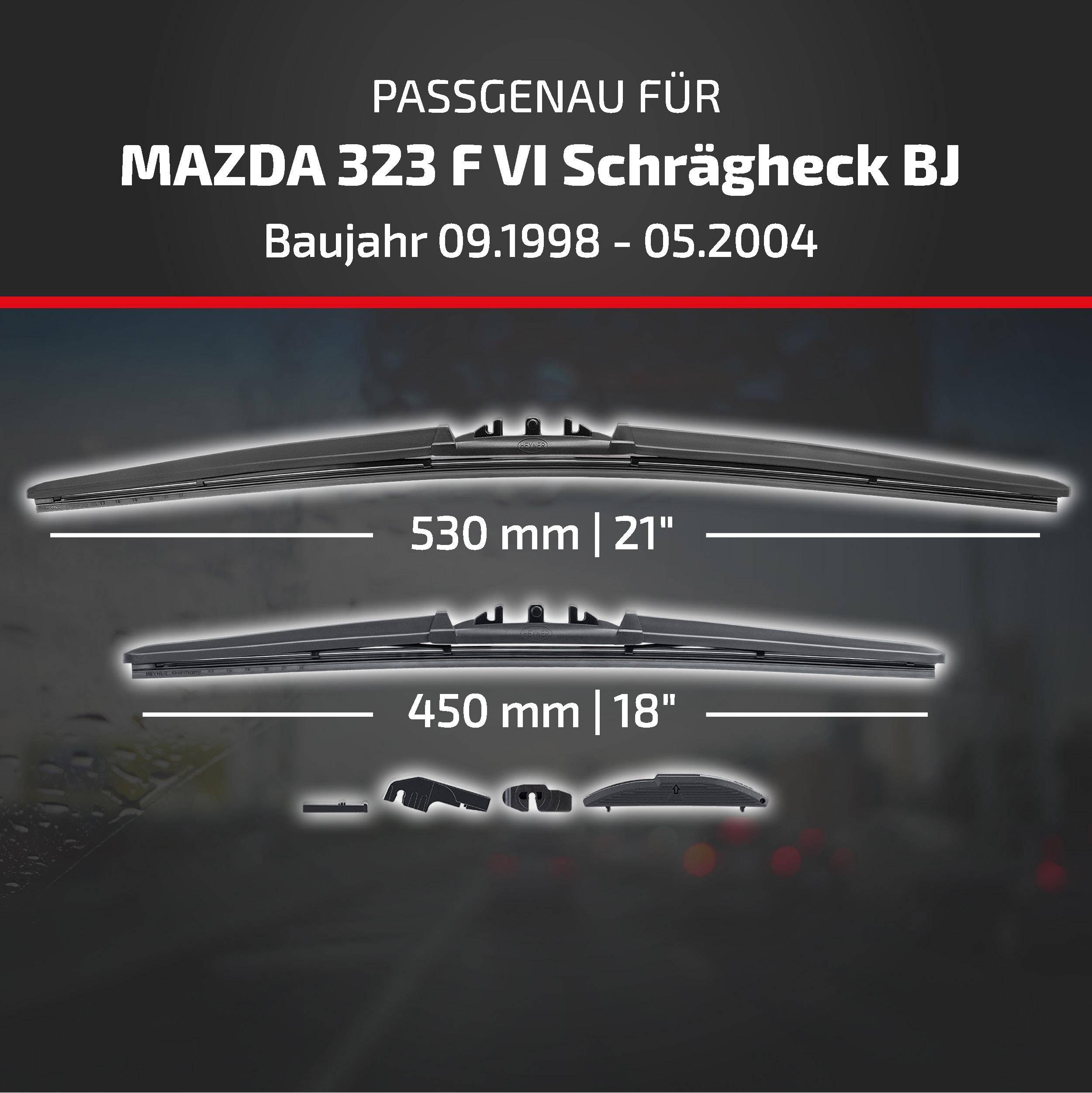 Scheibenwischer kompatibel mit Mazda 323 F VI Schrägheck BJ, Baujahre 09.1998-05.2004, mit Blattgrößen von 530 mm und 450 mm.