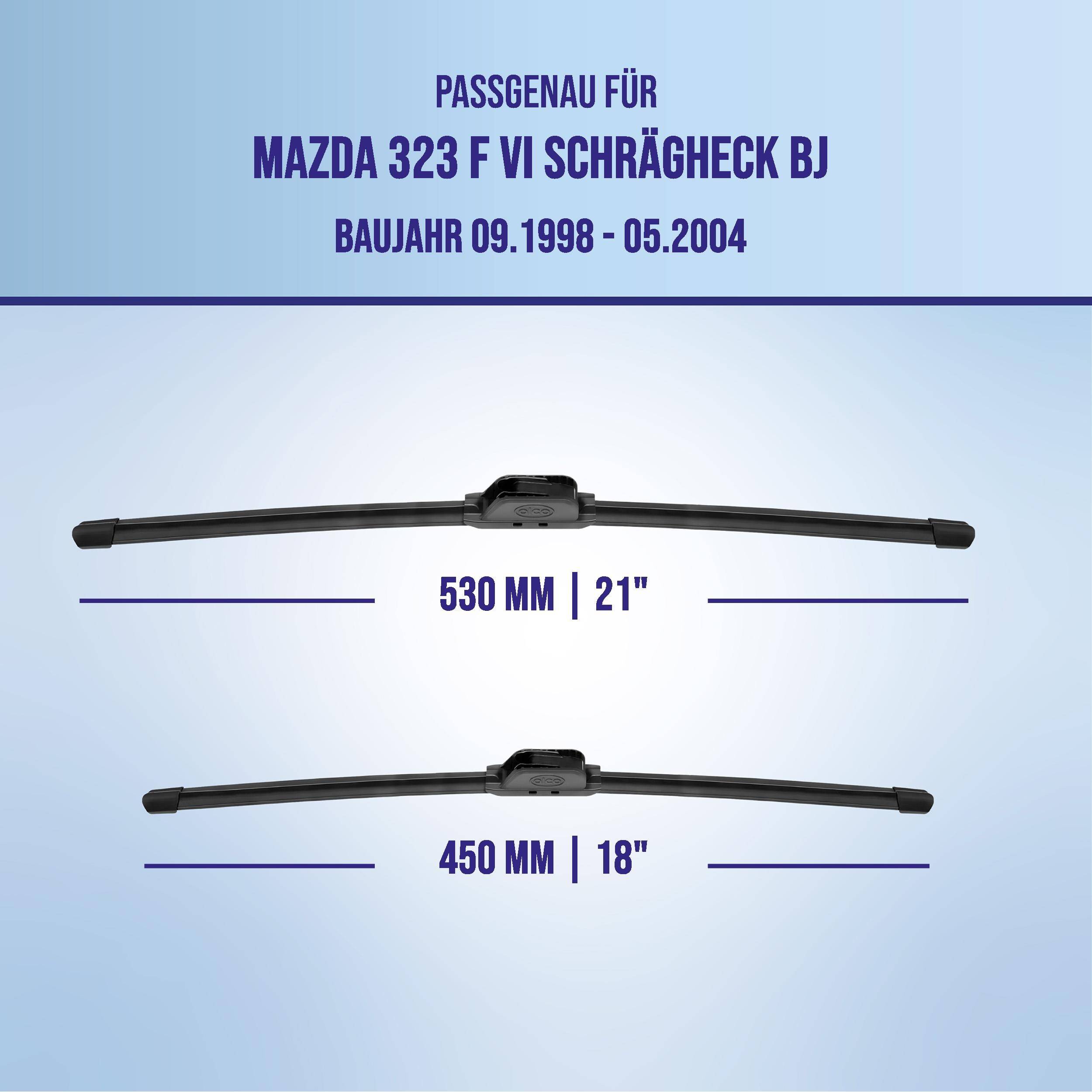 Kompatibilitätsgrafik für Mazda 323 F VI Schrägheck (09/1998-05/2004) mit zwei Scheibenwischergröße: 530 mm (21') und 450 mm (18').