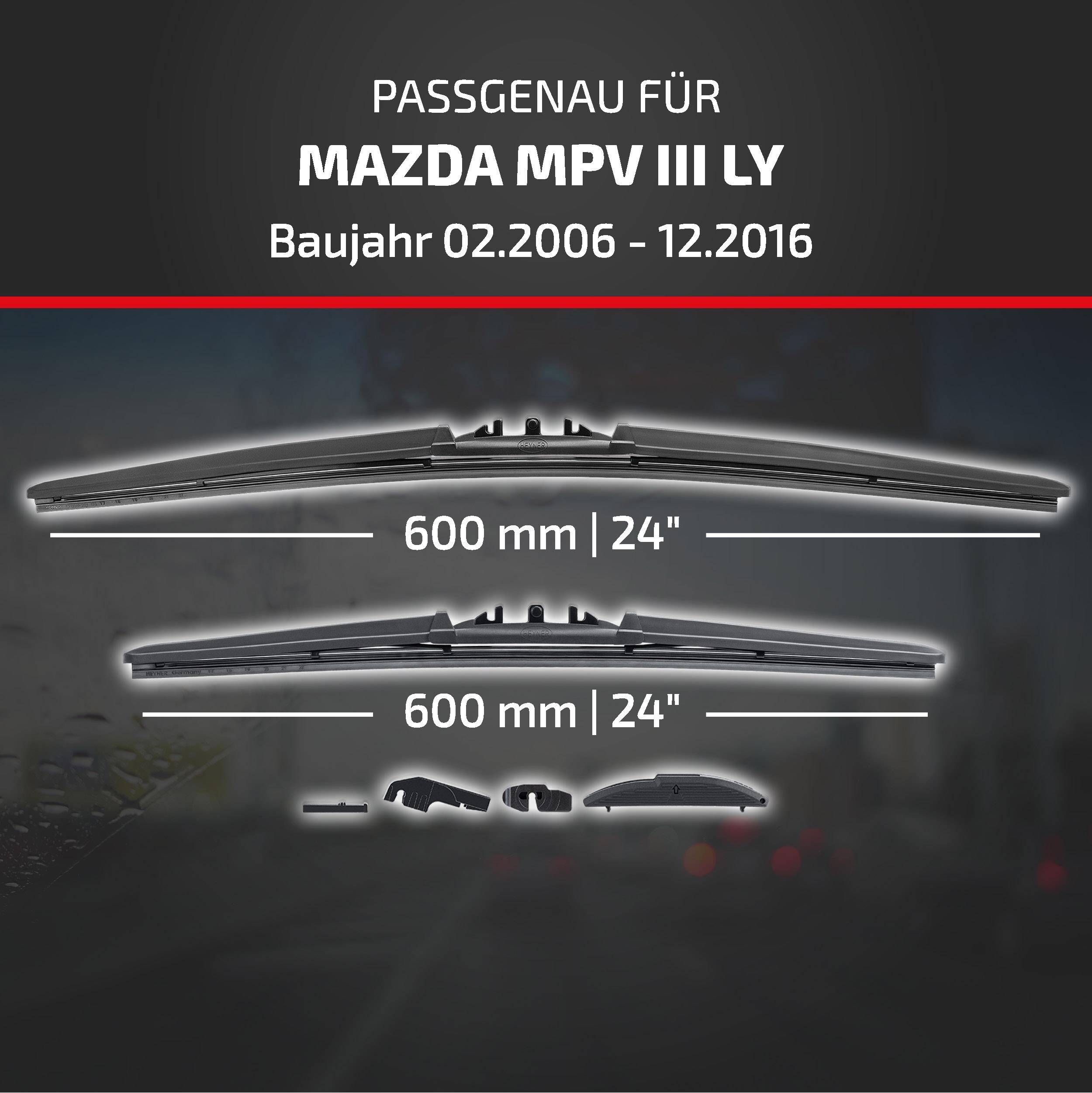 Produktbild mit Scheibenwischblättern kompatibel mit Mazda MPV III LY, Modelljahre 02.2006-12.2016, beide 600 mm (24