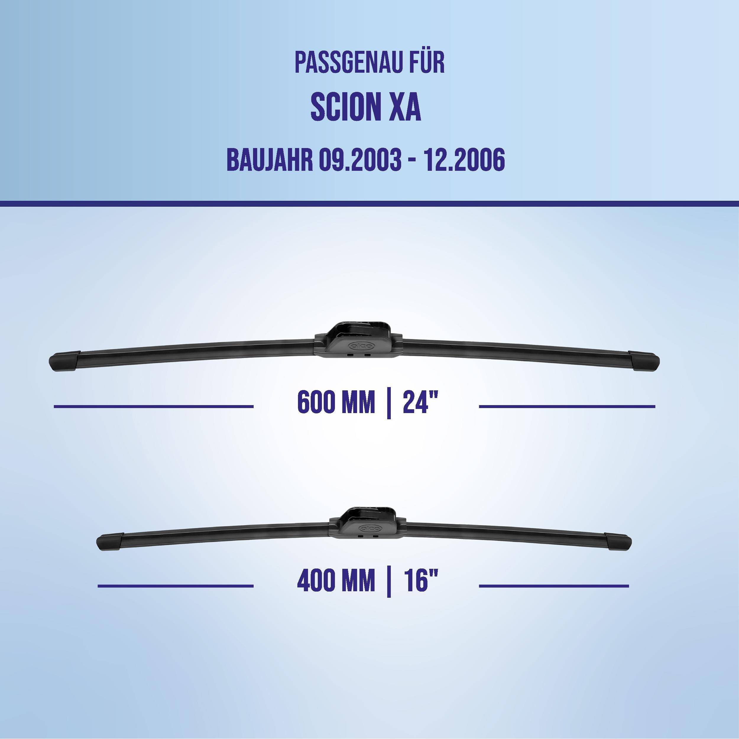 Diagramm mit Scheibenwischern, die mit Scion XA kompatibel sind, Modelljahre 09.2003-12.2006; aufgelistete Größen: 600 mm (24) und 400 mm (16).