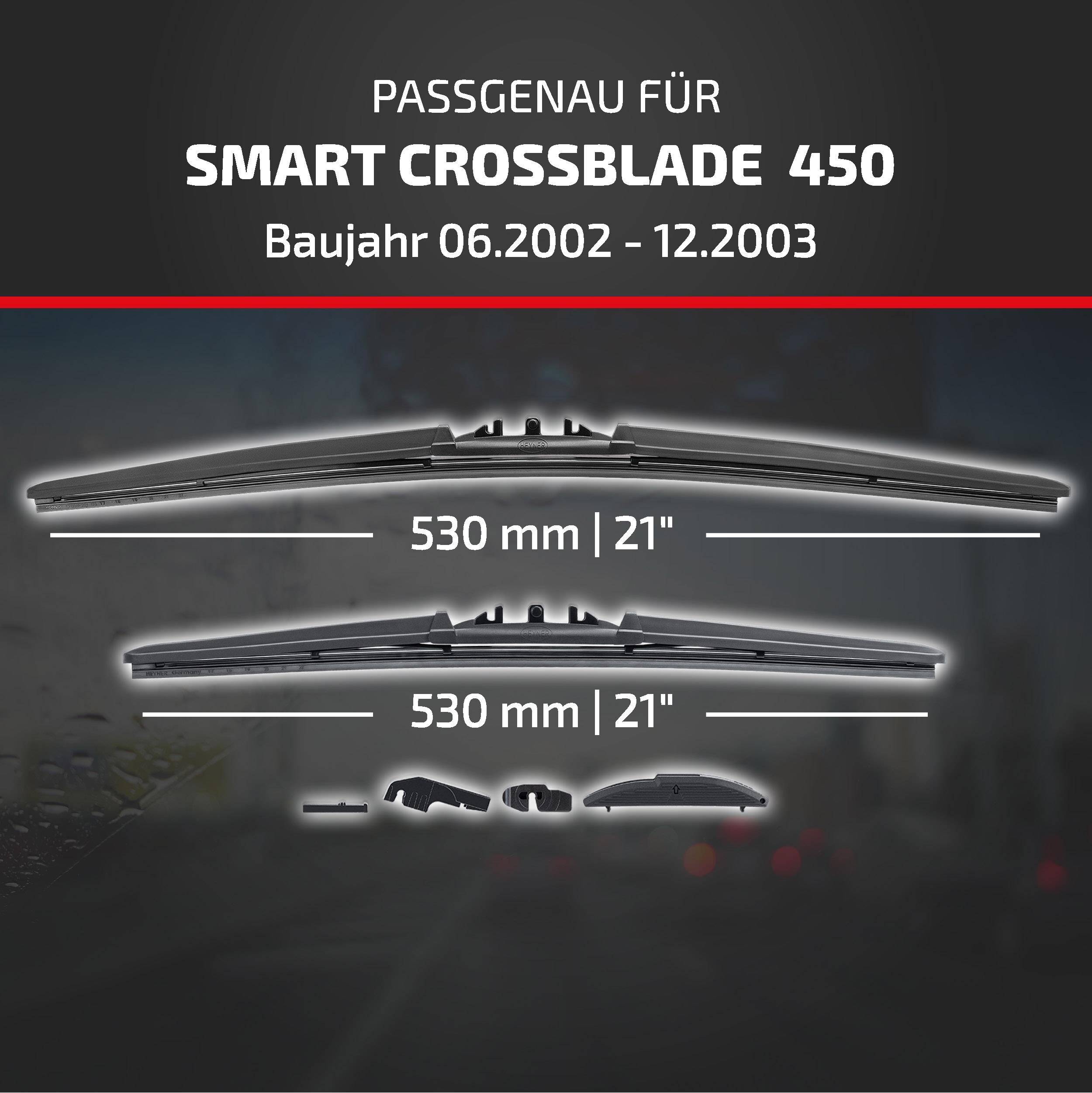 Produktkompatibilitätsgrafik für Smart Crossblade 450, Baujahr 06.2002–12.2003, zeigt zwei Scheibenwischblätter, beide 530 mm (21