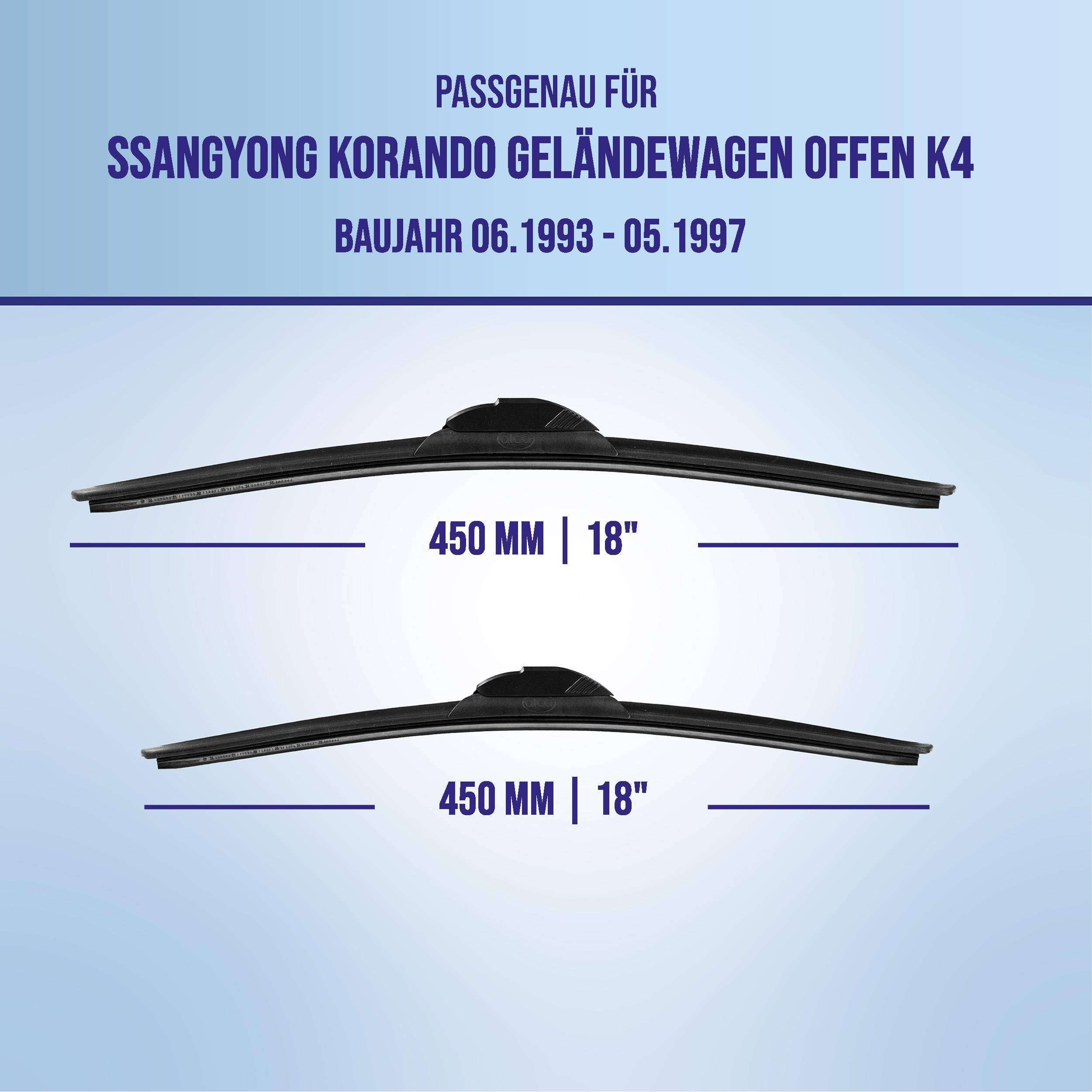 Anzeige für Wischerblätter für SsangYong Korando Geländewagen K4, Modelljahre 06.1993-05.1997, mit zwei 450-mm-Blättern (18