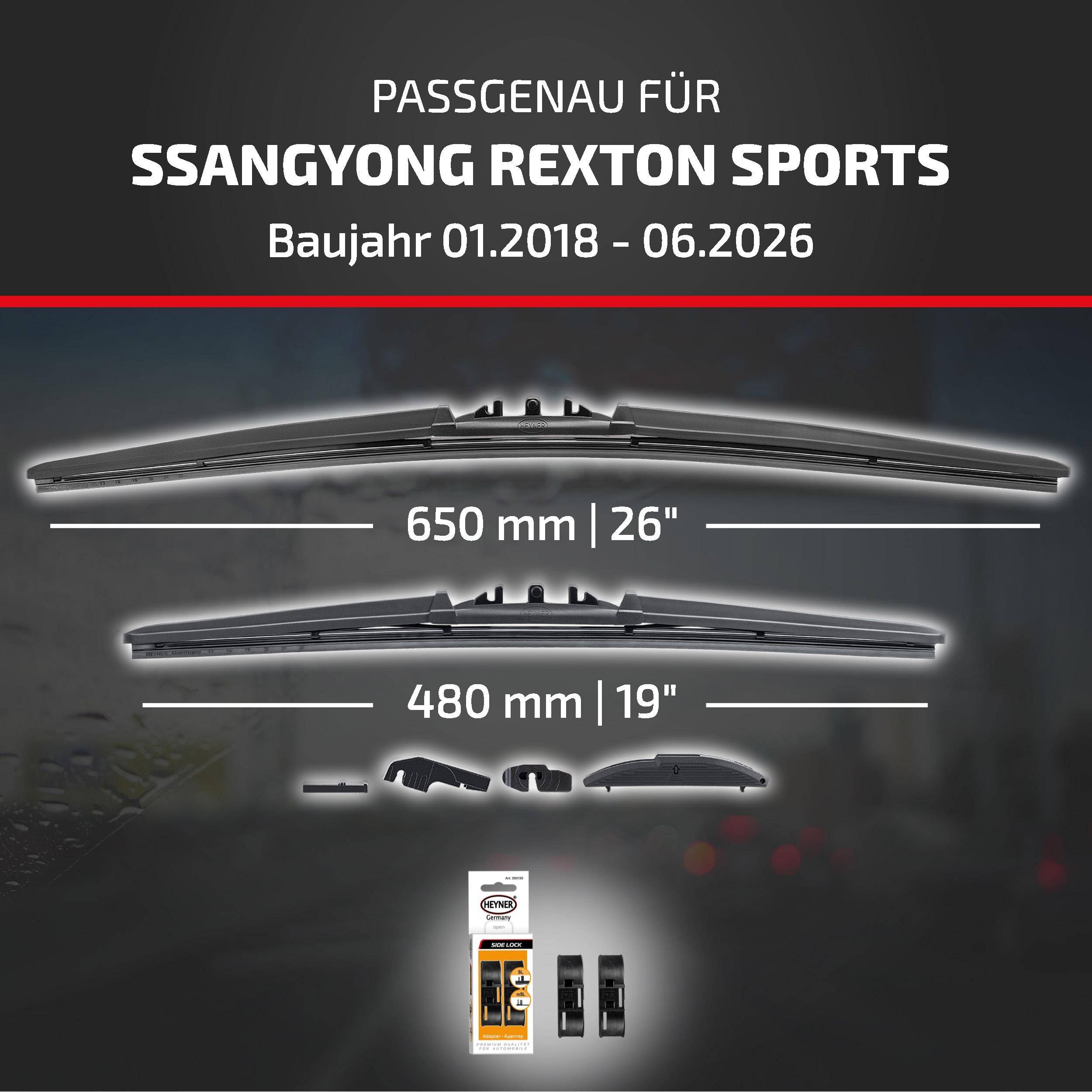 Kompatibilitätsgrafik für SsangYong Rexton Sports, Modelljahre 01.2018-06.2026, zeigt Wischblattgrößen 650 mm (26