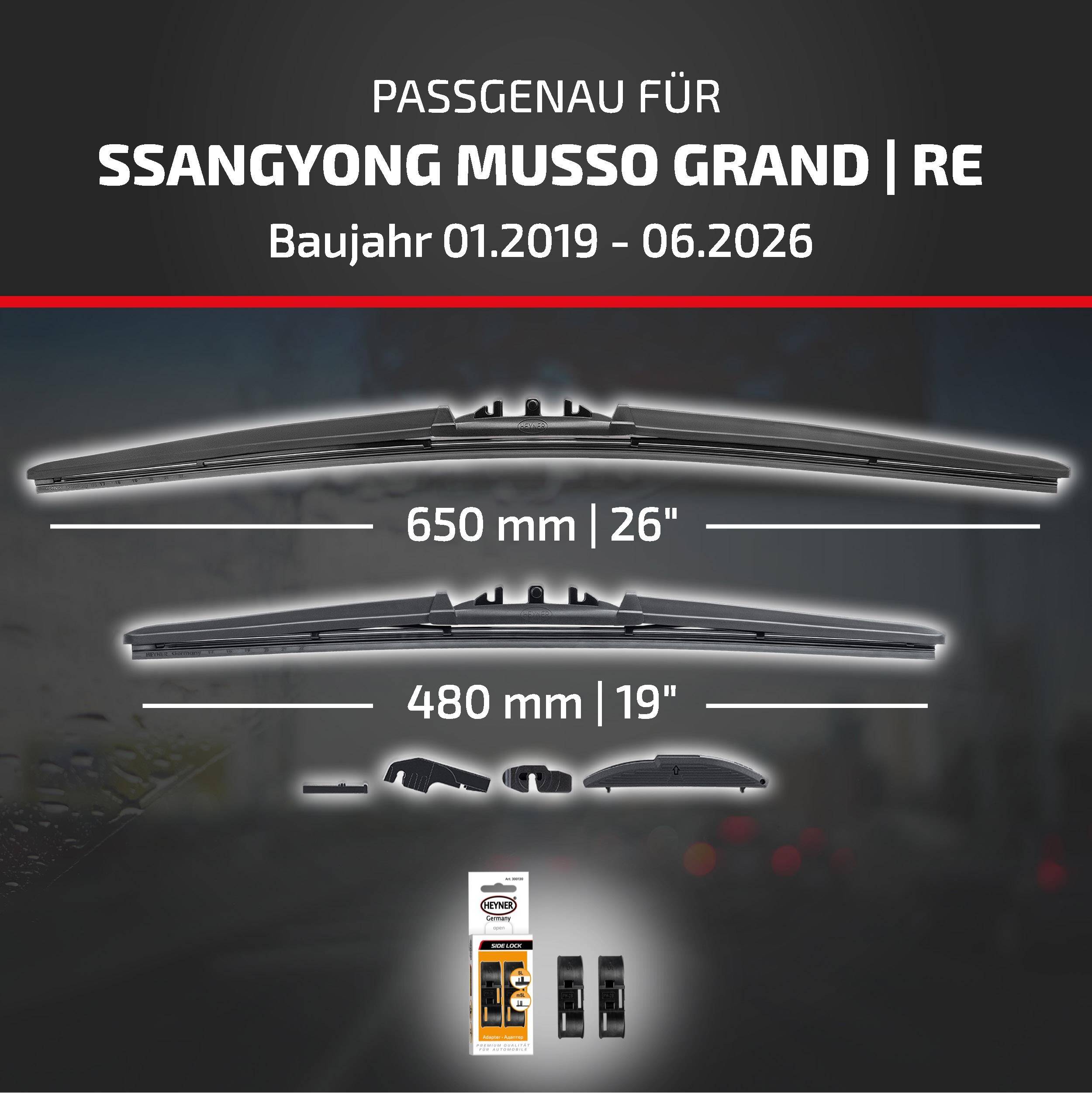 Produktgrafik für SSANGYONG MUSSO GRAND | RE, zeigt kompatible Wischerblätter für Fahrzeuge gebaut 01.2019-06.2026: 650 mm und 480 mm