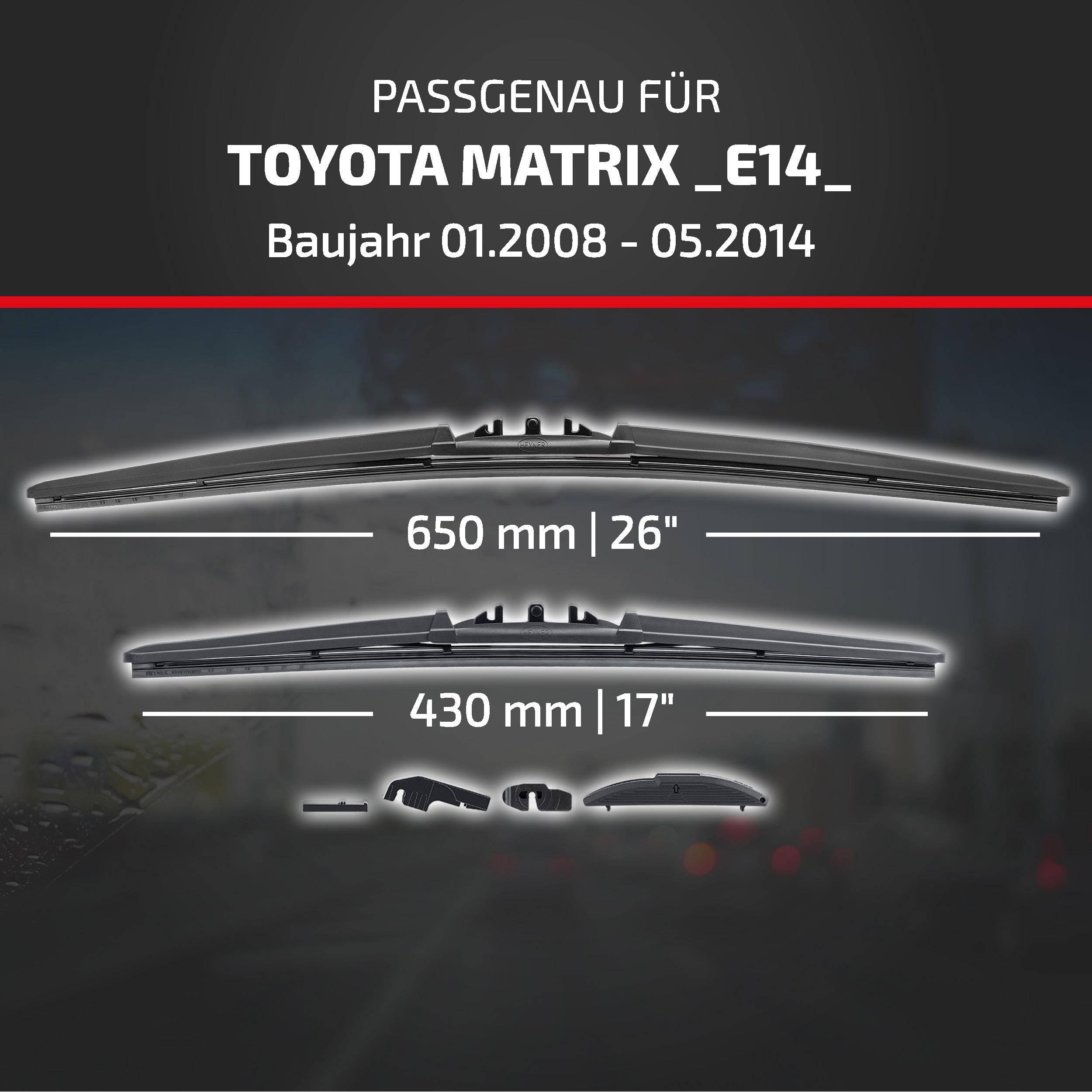 Wischblatt-Kompatibilitätsgrafik für Toyota Matrix E14, Modelljahre 01.2008-05.2014, zeigt Frontblätter in den Größen 650 mm (26