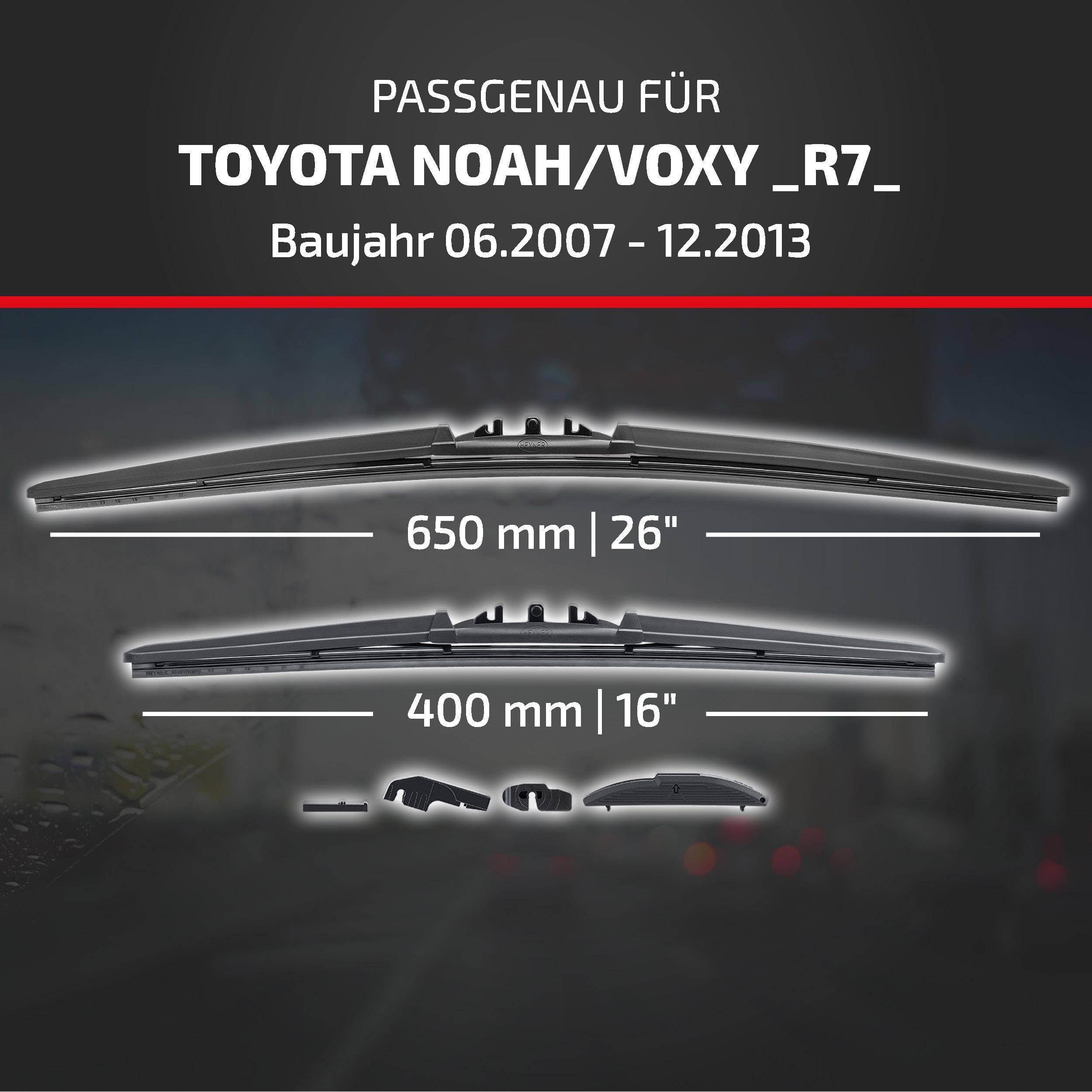 Produktanzeige mit zwei Scheibenwischern für Toyota Noah/Voxy R7 (2007-2013), gekennzeichnet mit 650 mm (26