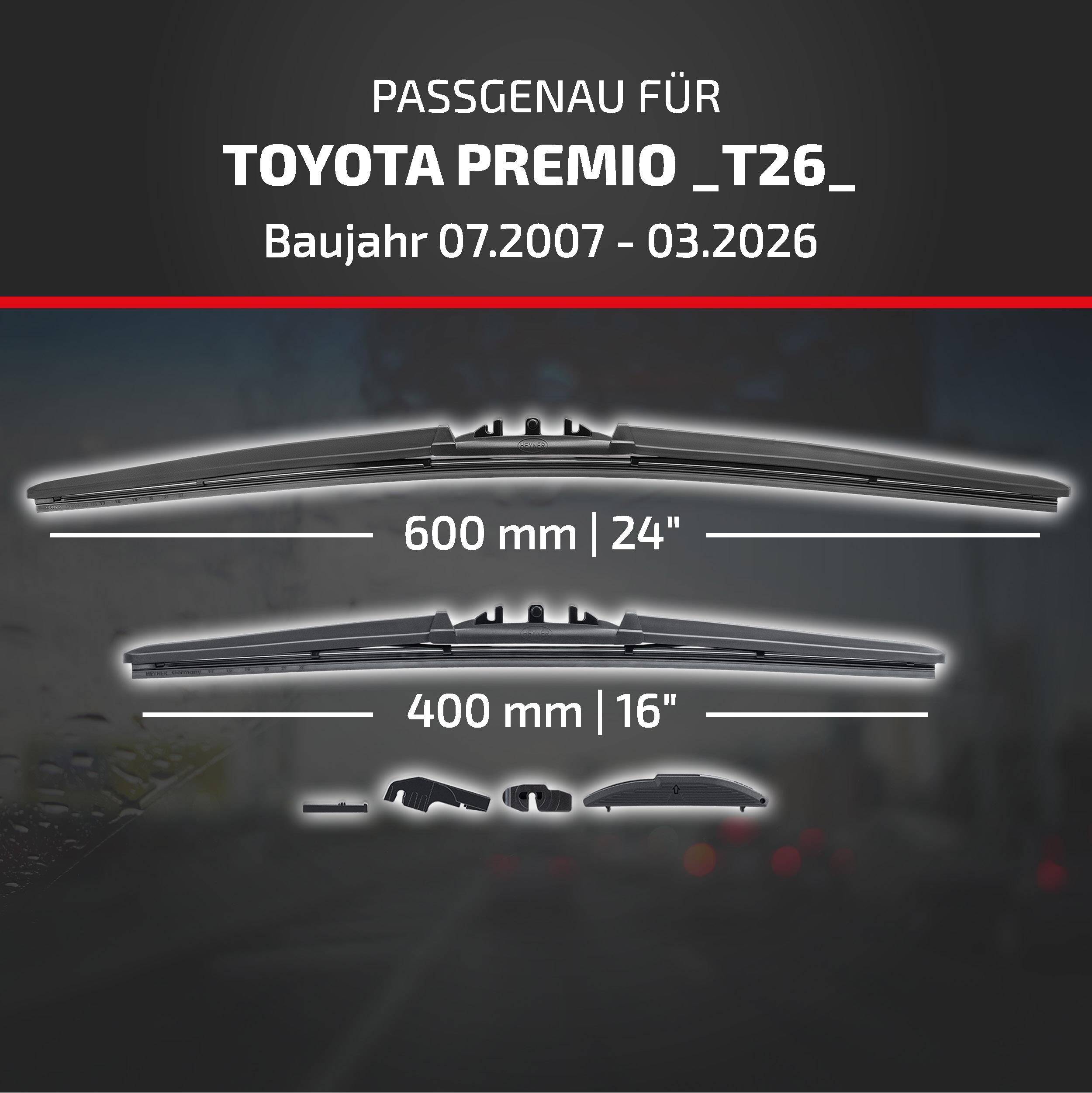 Anzeige für Scheibenwischer, die mit Toyota Premio T26, Baujahre 07.2007–03.2026, kompatibel sind, in den Größen 600 mm (24