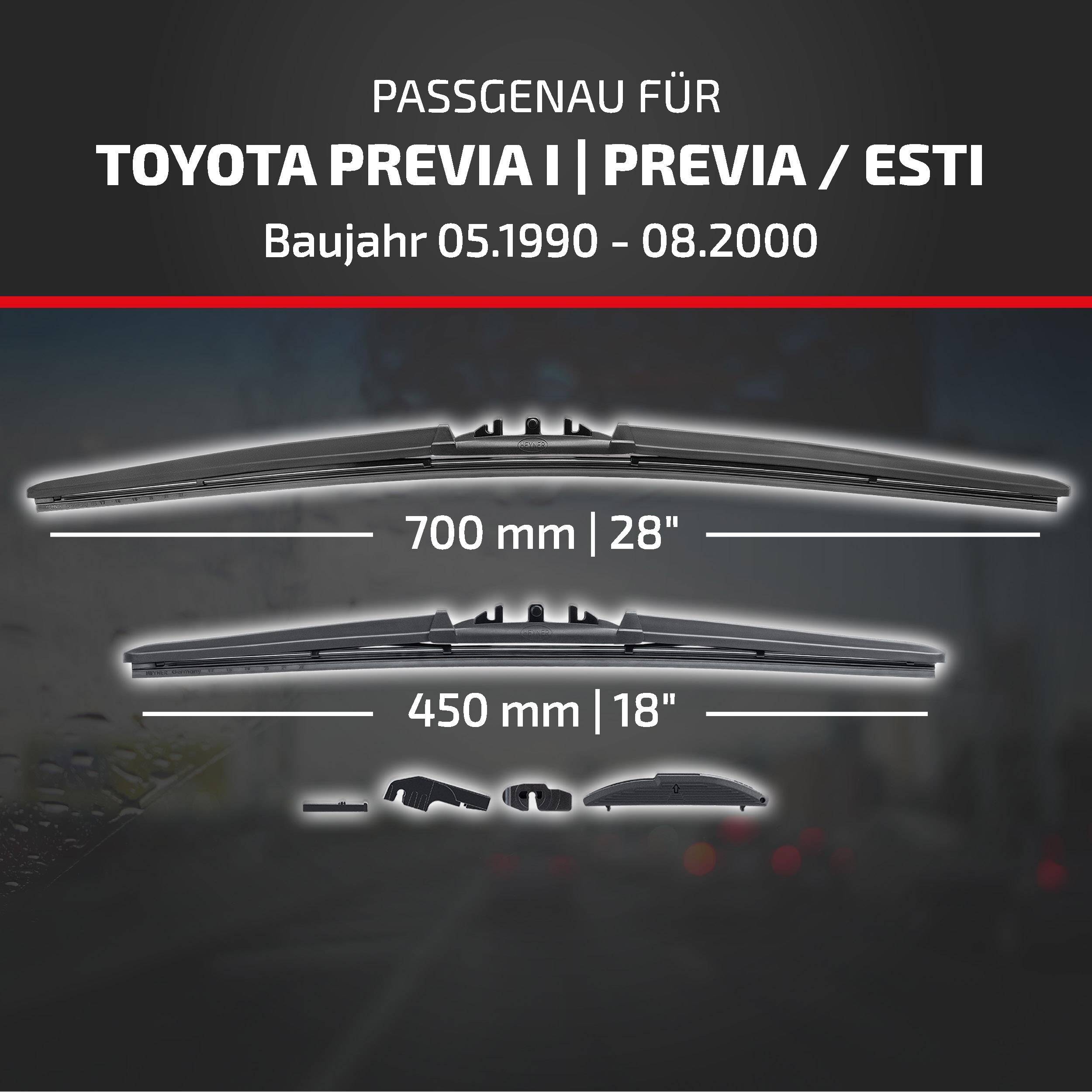 Scheibenwischer, kompatibel mit Toyota Previa I/Previa/Esti, Modelljahre 05.1990–08.2000, in den Längen 700 mm und 450 mm.