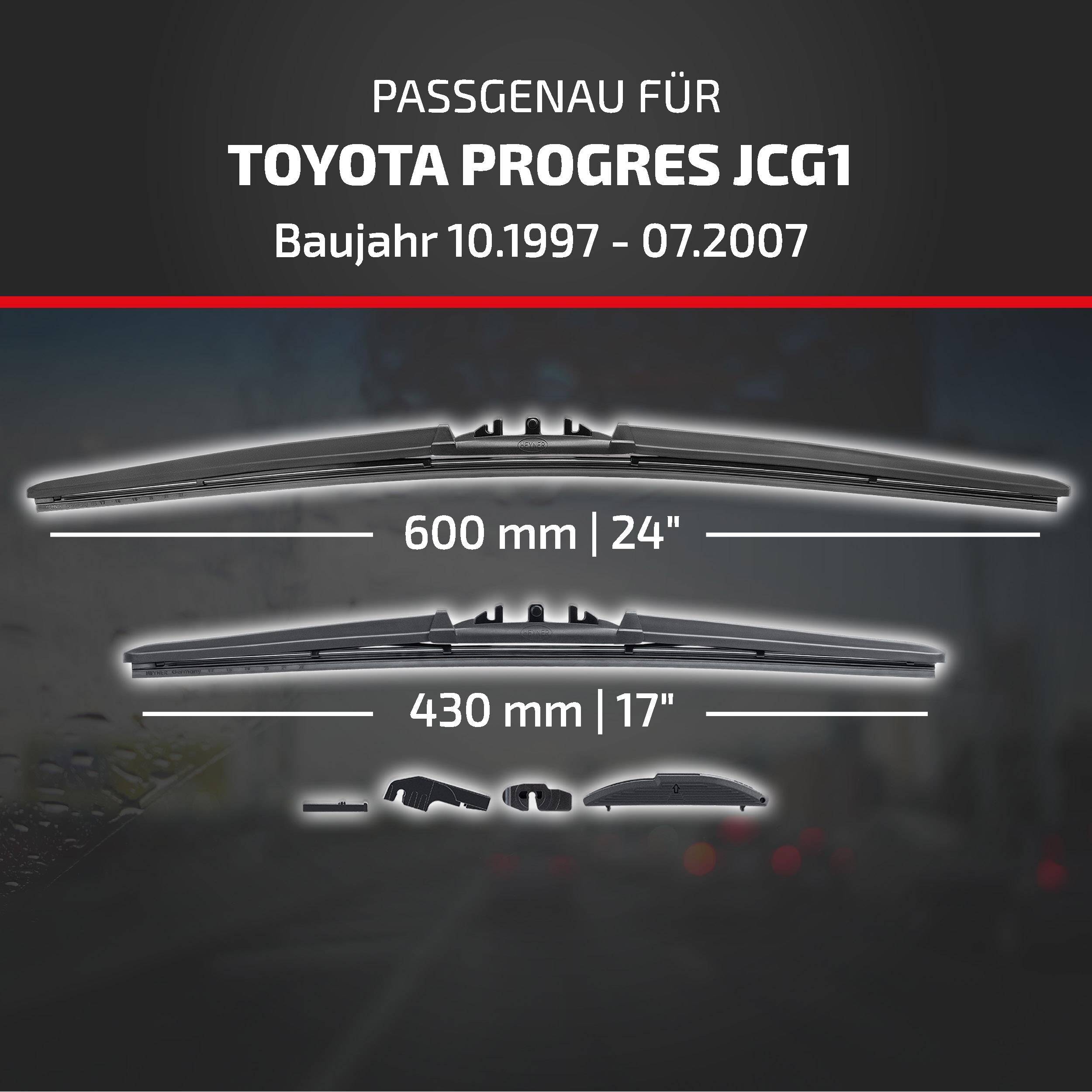 Werbung für Scheibenwischblätter für Toyota Progres JCG1, Modelljahre 10.1997-07.2007, mit den Größen 600 mm (24
