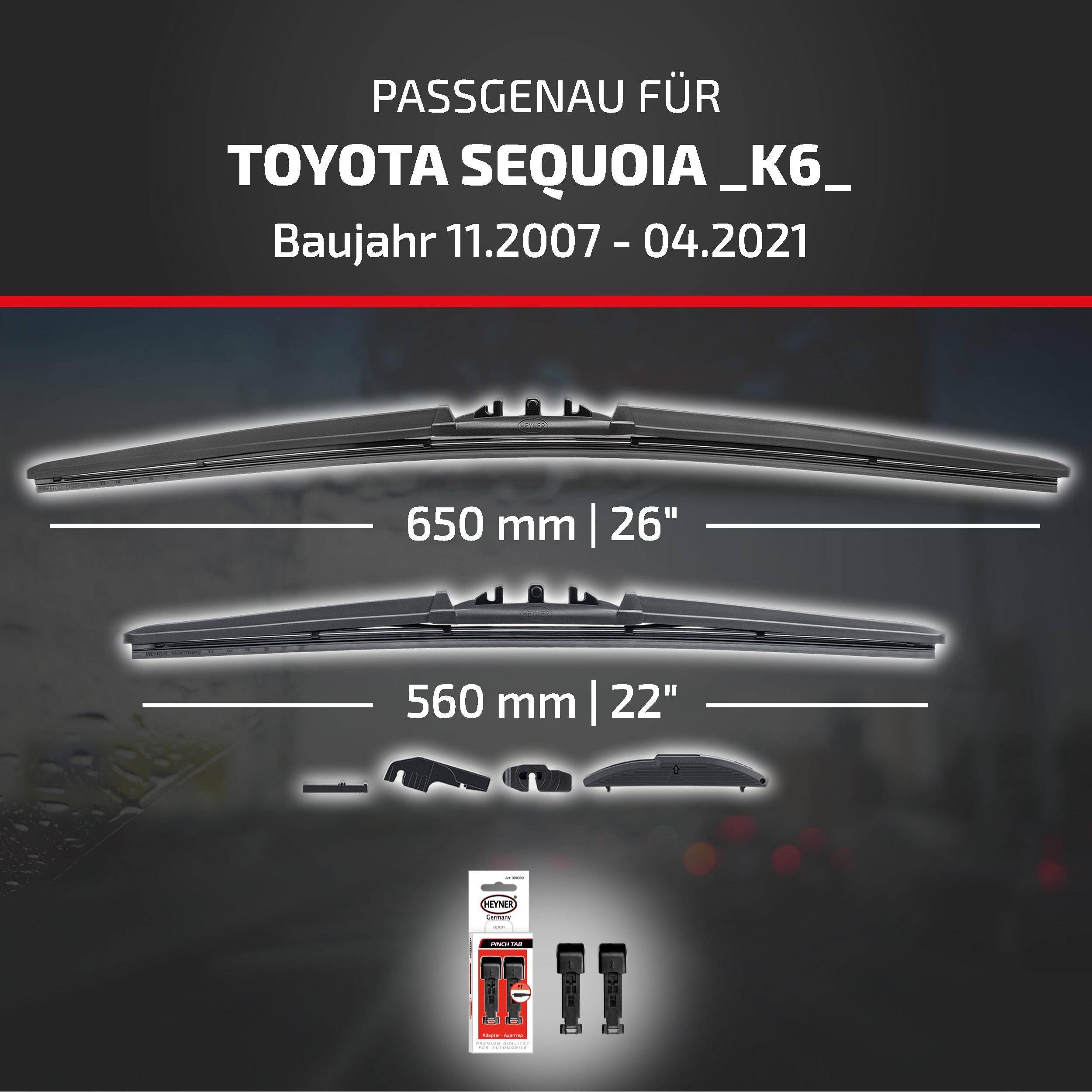 Scheibenwischer für Toyota Sequoia _K6_ Modelljahre 11.2007-04.2021, mit Größen von 650 mm und 560 mm sowie enthaltenen Adaptern.