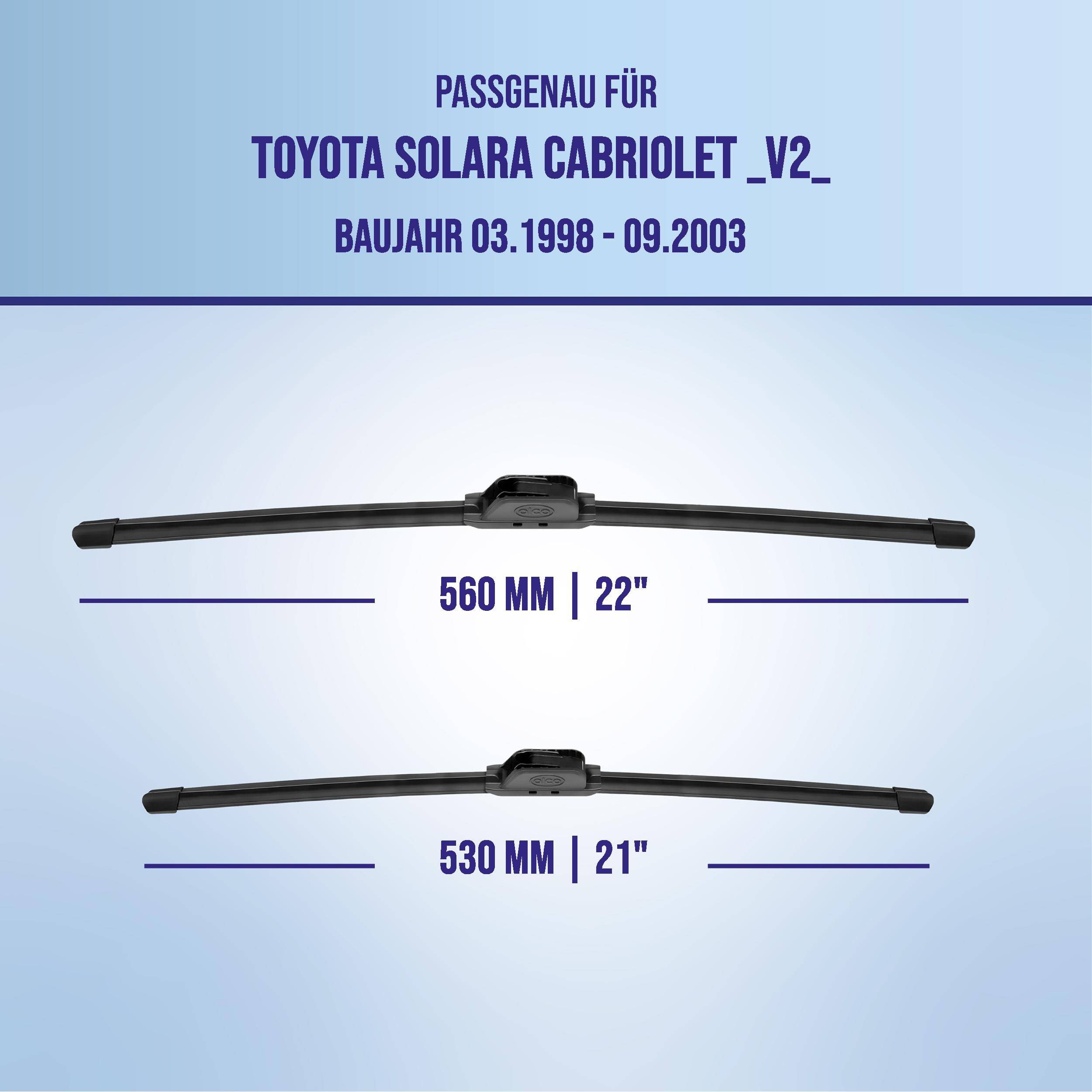 Kompatibilitätsdiagramm für Toyota Solara Cabriolet _V2_ (03.1998-09.2003), das zwei Wischerblätter zeigt: 560 mm (22