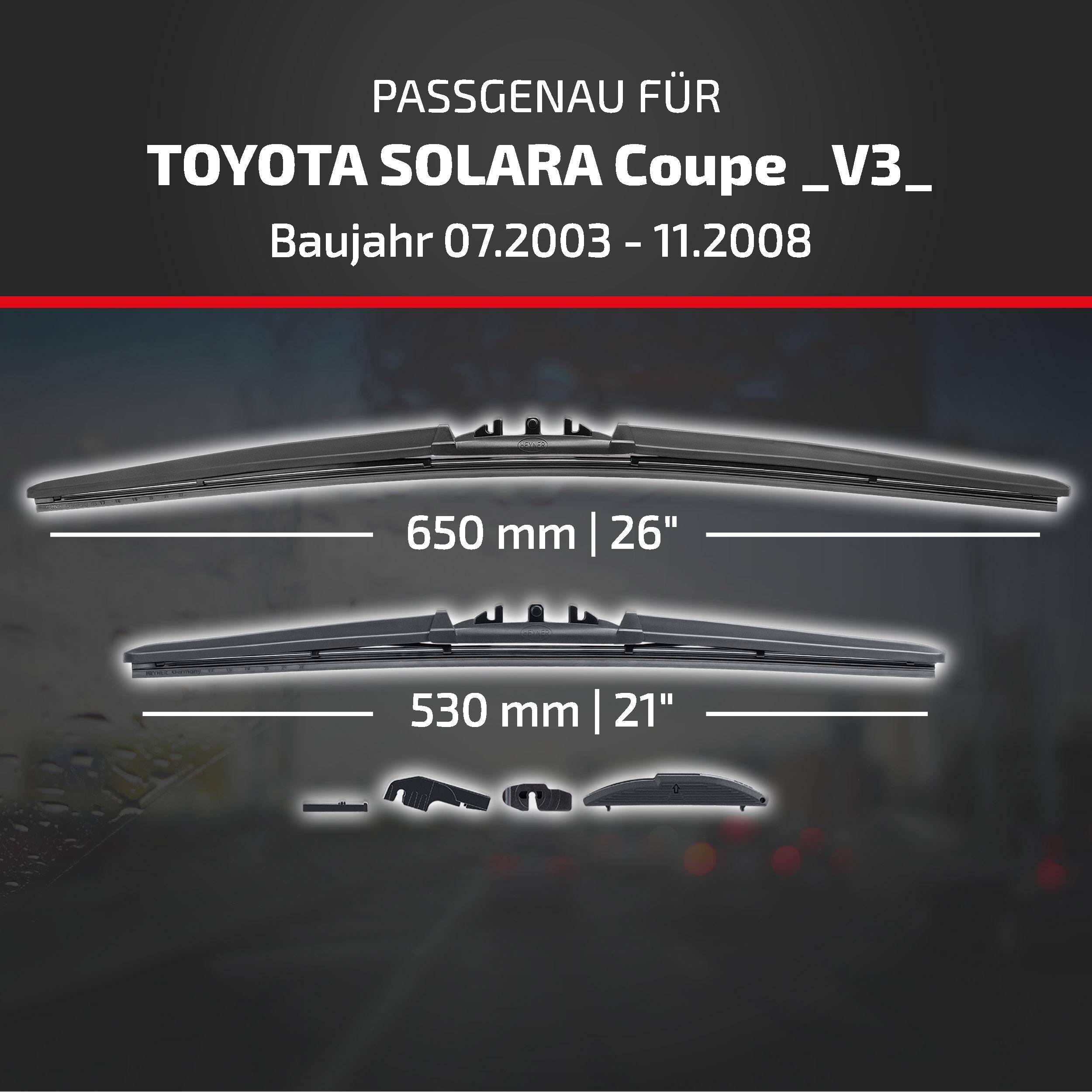 Produktkompatibilitätsgrafik für Toyota Solara Coupe V3, Modelljahre 07.2003-11.2008, mit zwei Wischblattengrößen: 650 mm (26