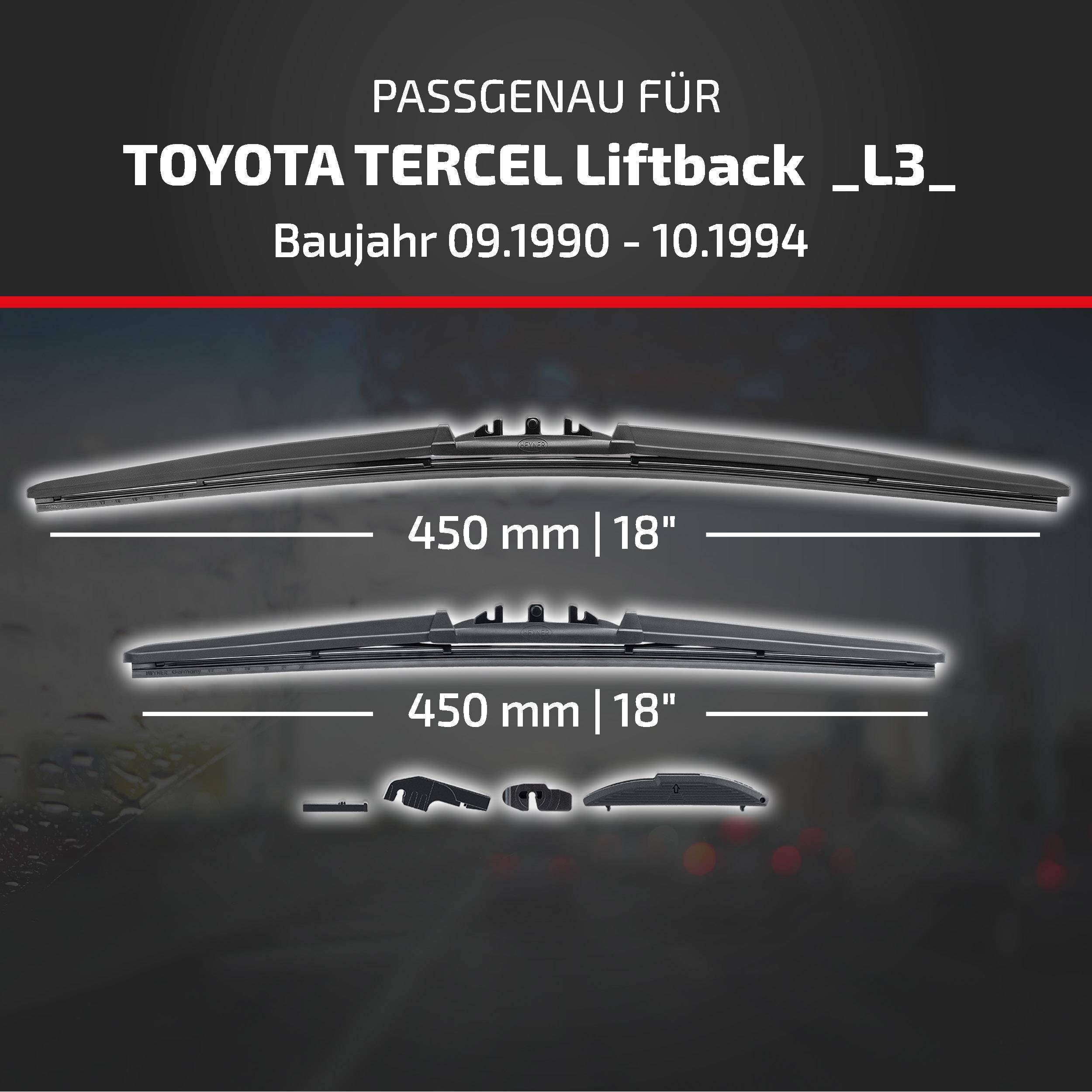 Produktgrafik zeigt Wischerblätter kompatibel mit Toyota Tercel Liftback L3, Modelljahre 09.1990 bis 10.1994, beide 450 mm (18