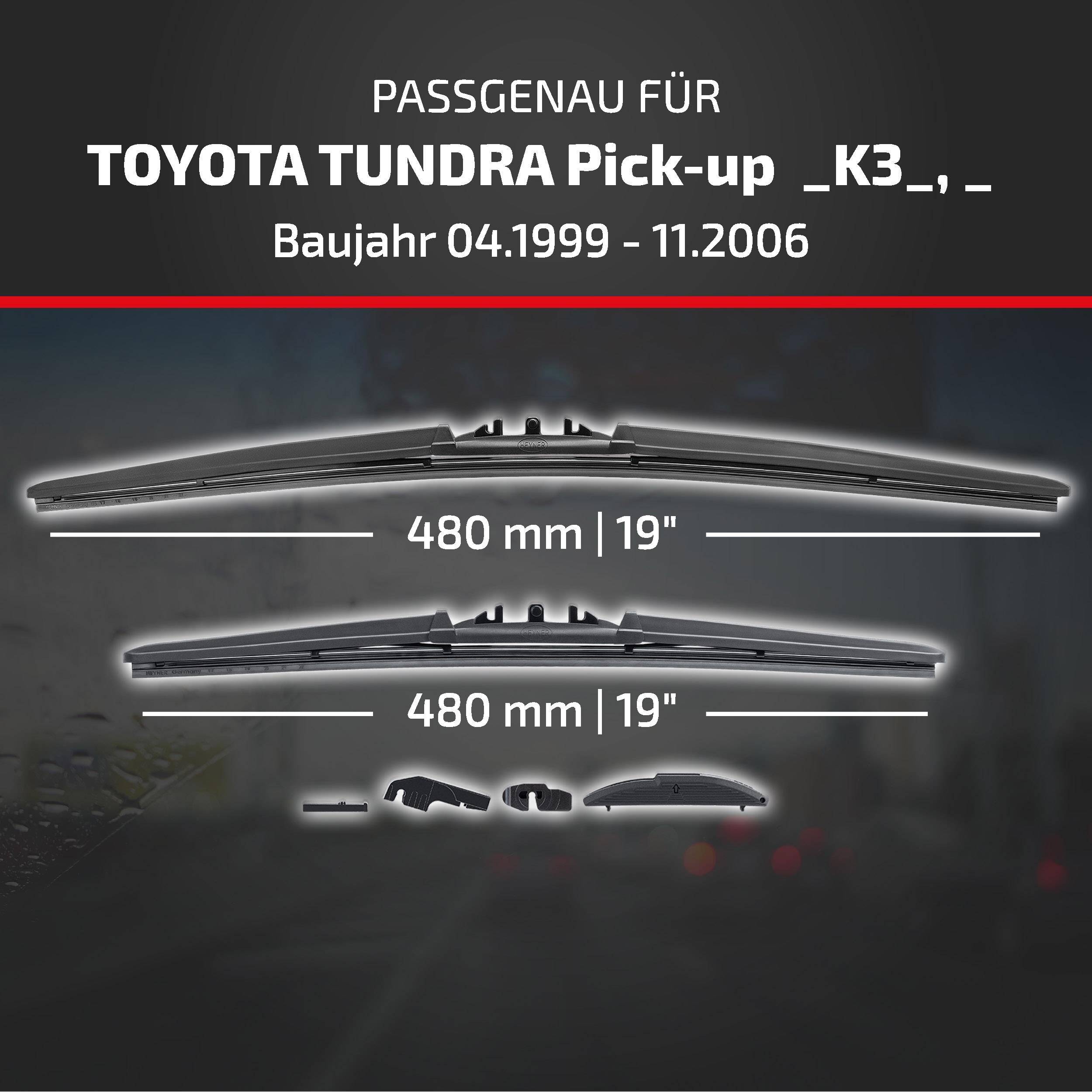 Kompatibilitätsgrafik für Scheibenwischer der Windschutzscheibe für Toyota Tundra Pickup _K3_, Modelljahre 04.1999-11.2006; zwei Wischer, je 480 mm (19 Zoll).