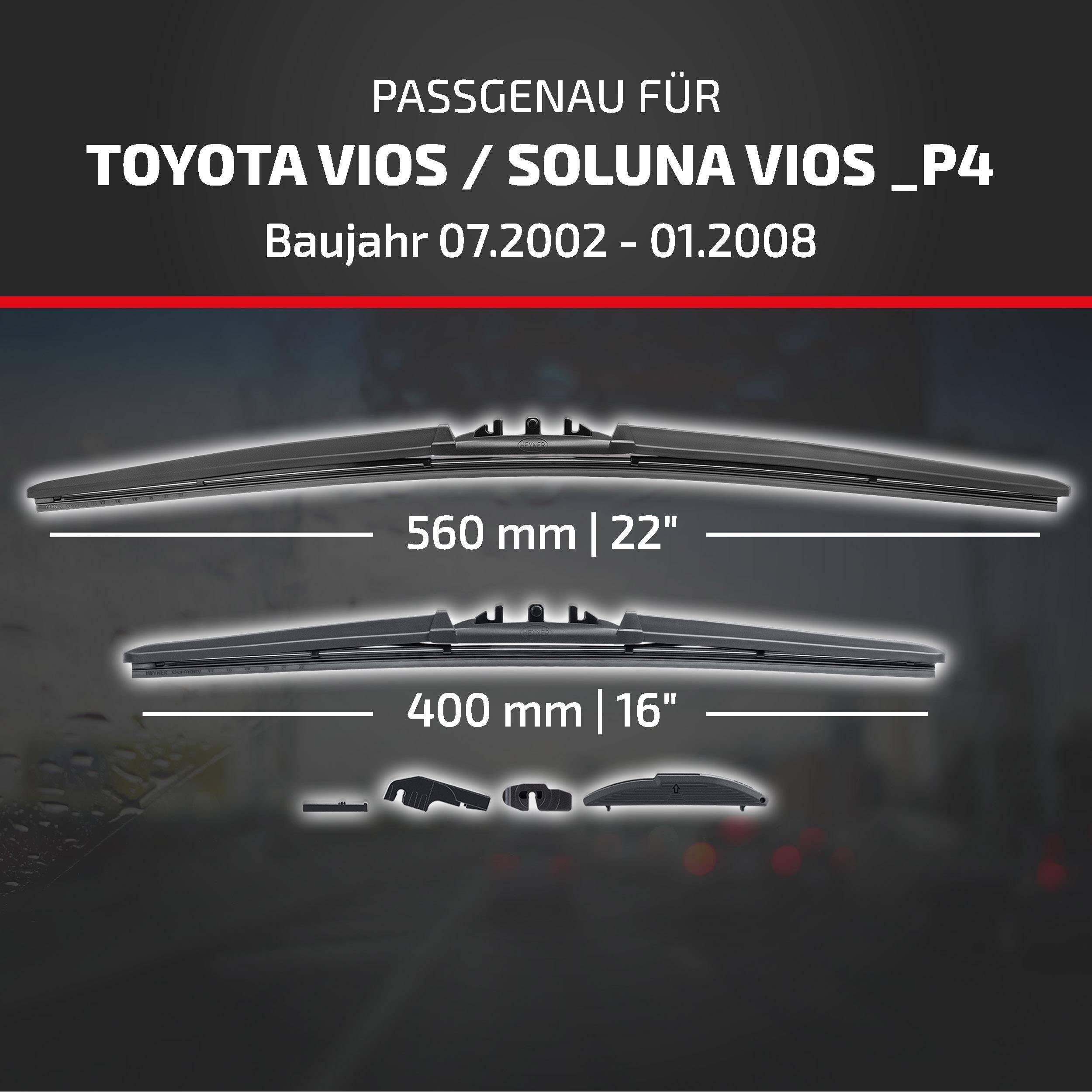Wischblätter kompatibel mit Toyota Vios/Soluna Vios P4, Modelljahre 07/2002-01/2008, mit den Blattgrößen 560 mm (22