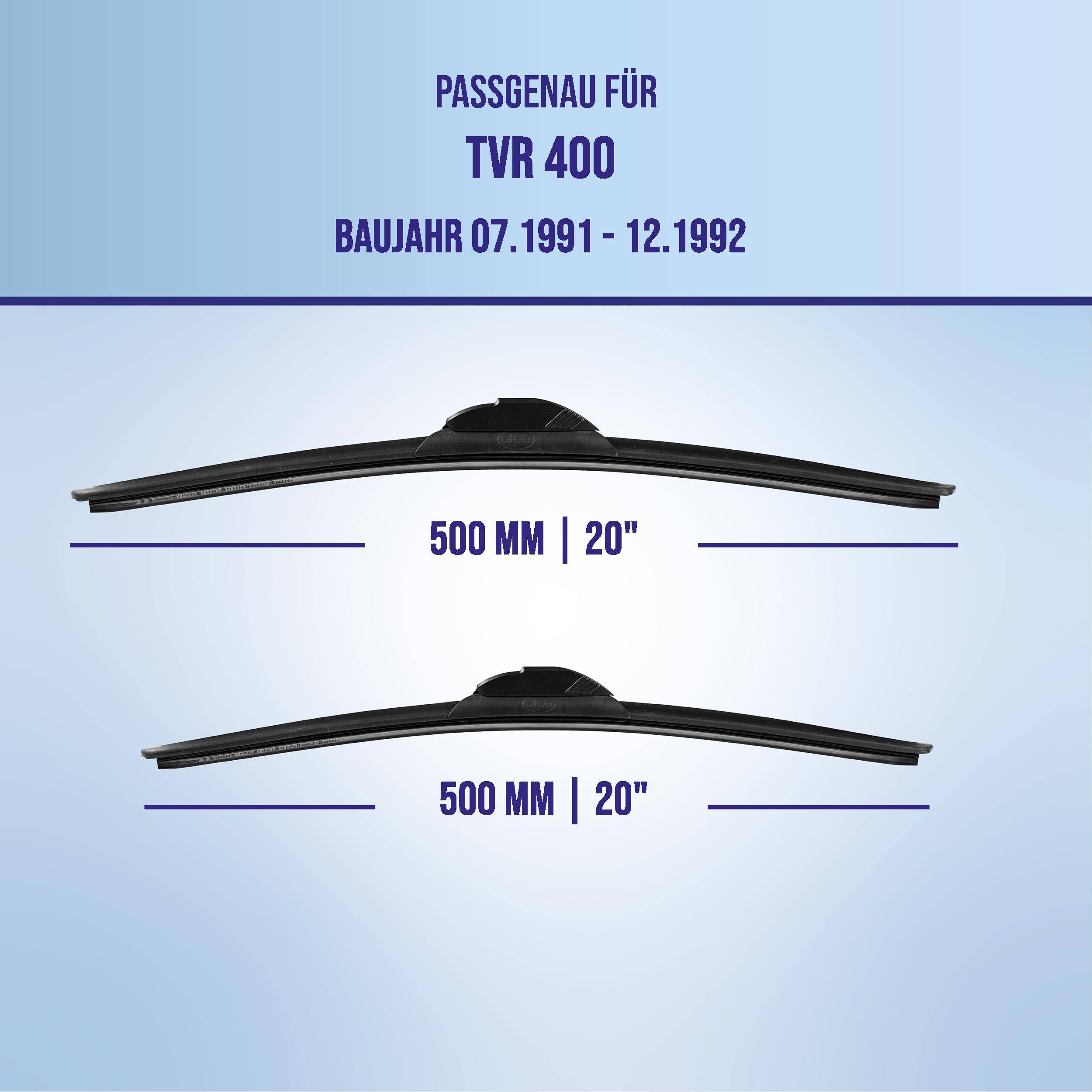 Diagramm zeigt zwei Scheibenwischerblätter für TVR 400 (Baujahr 07.1991-12.1992), jeweils mit der Bezeichnung 500 mm / 20