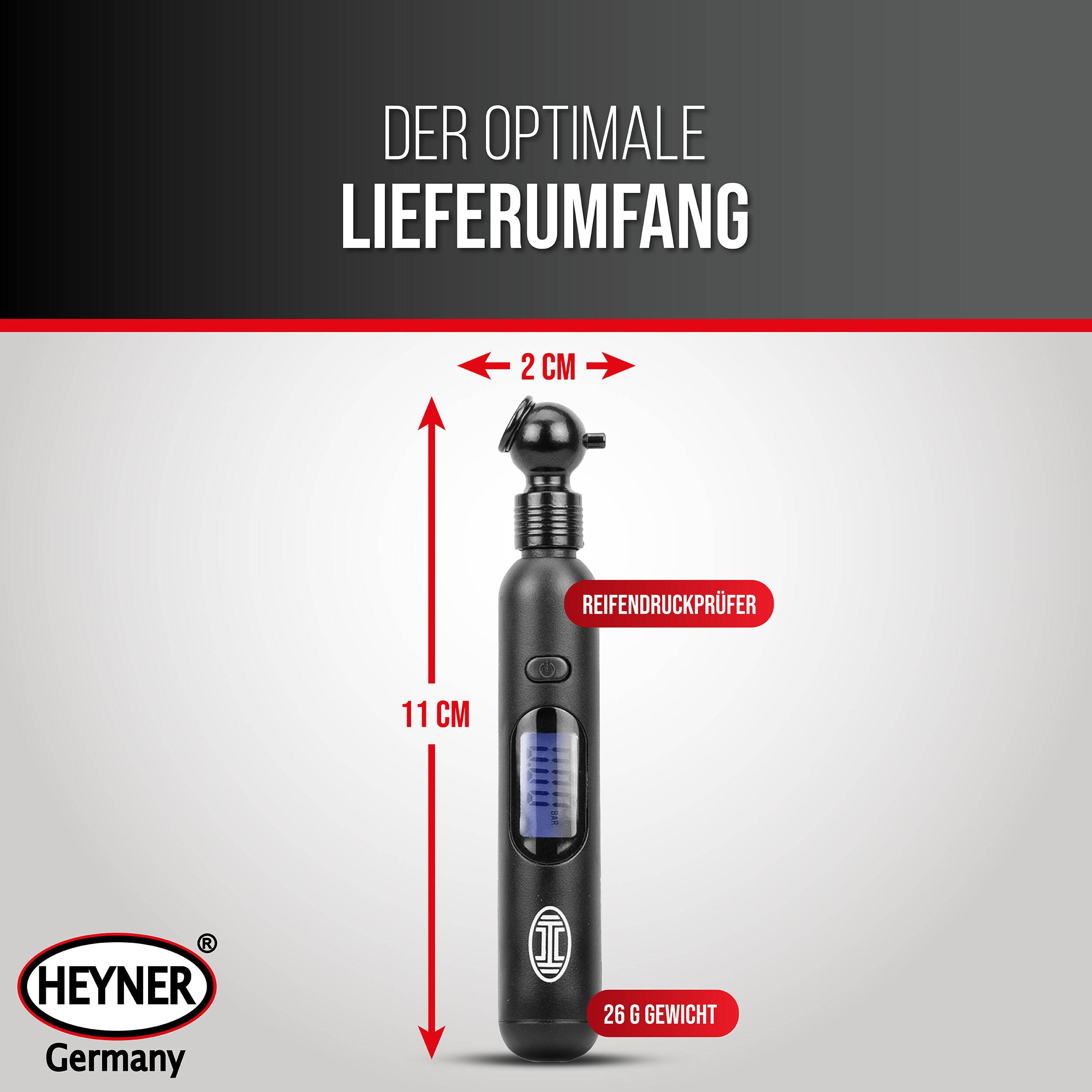 HEYNER® Reifendruckprüfer digital Luftdruckprüfer Reifen Manometer LCD-Display 0.20 - 10.3 bar 0,05 bar Abweichung
