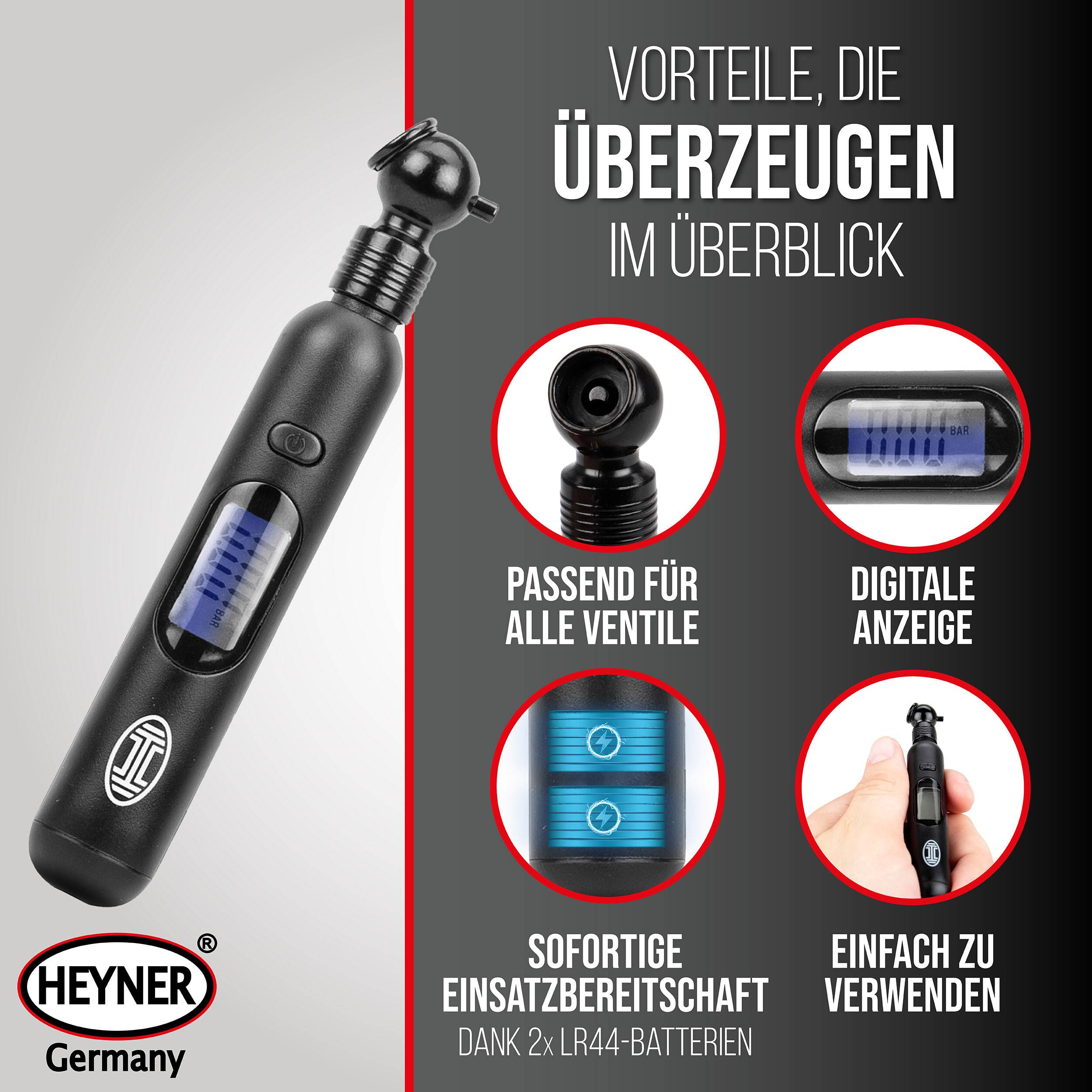 HEYNER® Reifendruckprüfer digital Luftdruckprüfer Reifen Manometer LCD-Display 0.20 - 10.3 bar 0,05 bar Abweichung