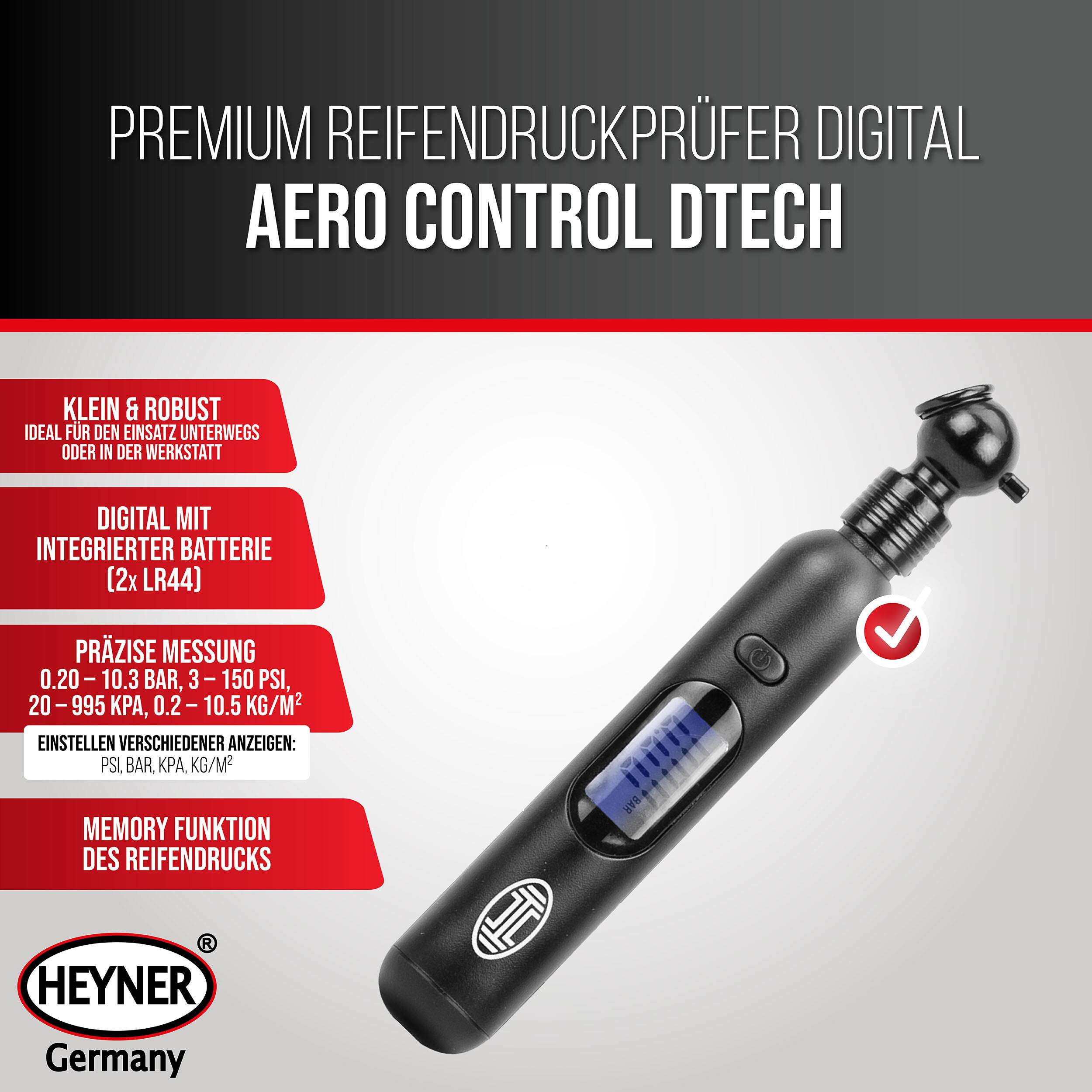 HEYNER® Reifendruckprüfer digital Luftdruckprüfer Reifen Manometer LCD-Display 0.20 - 10.3 bar 0,05 bar Abweichung