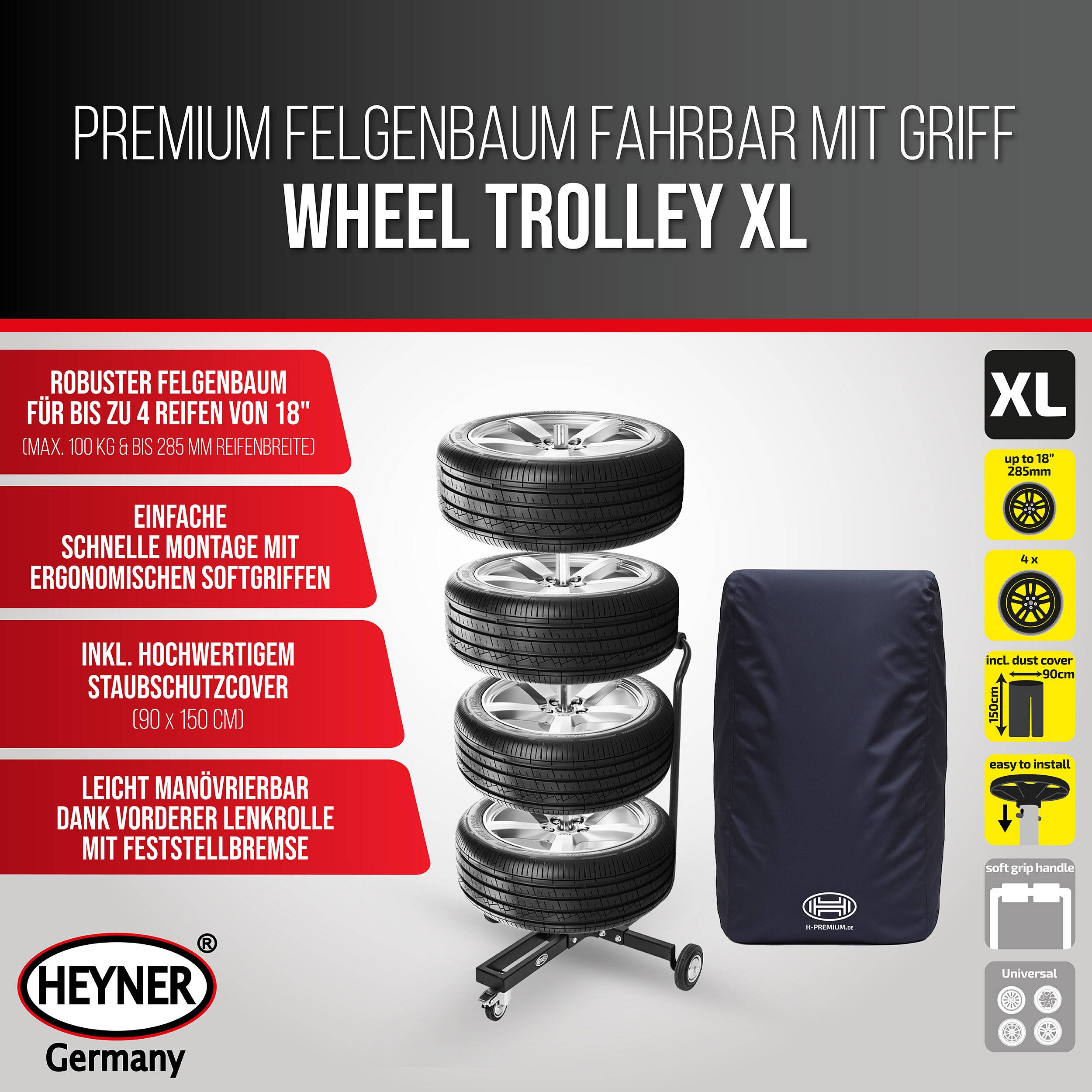 HEYNER® Felgenbaum fahrbar bis 100 kg und 285 mm Reifenbreite mit Griff ergonomische Softgriffe, inklusive