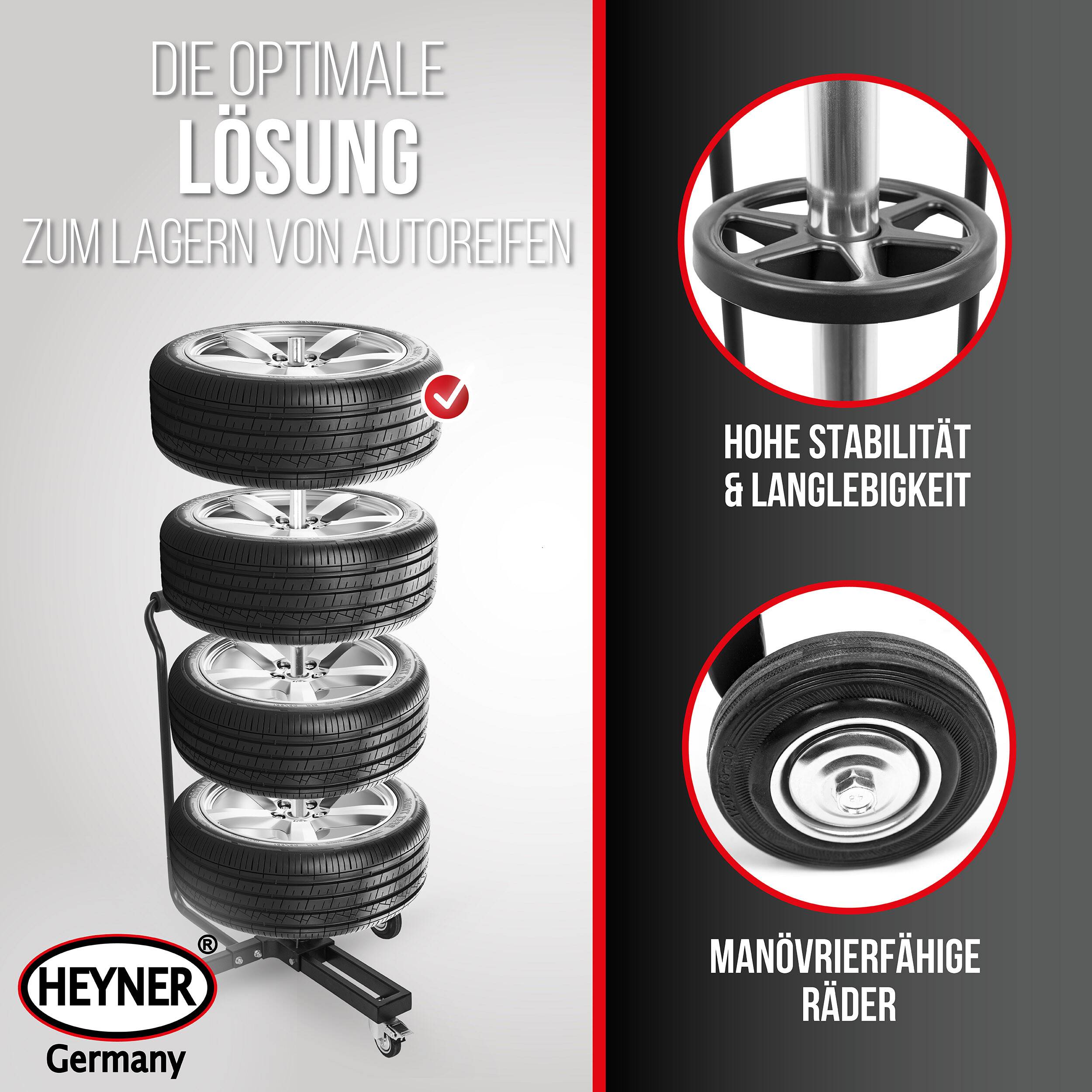 HEYNER® Felgenbaum fahrbar bis 100 kg und 285 mm Reifenbreite mit Griff ergonomische Softgriffe, inklusive