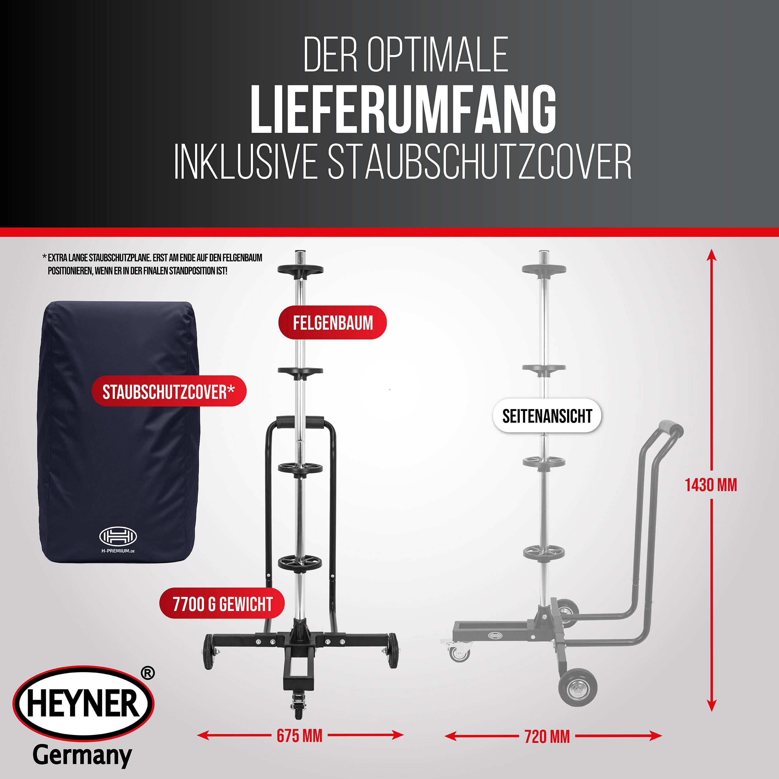 HEYNER® Felgenbaum Fahrbar - Bis zu 285 mm Reifenbreite + bis 100 kg Belastbar + Mit Griff + Bremse + inkl. Schutzcover