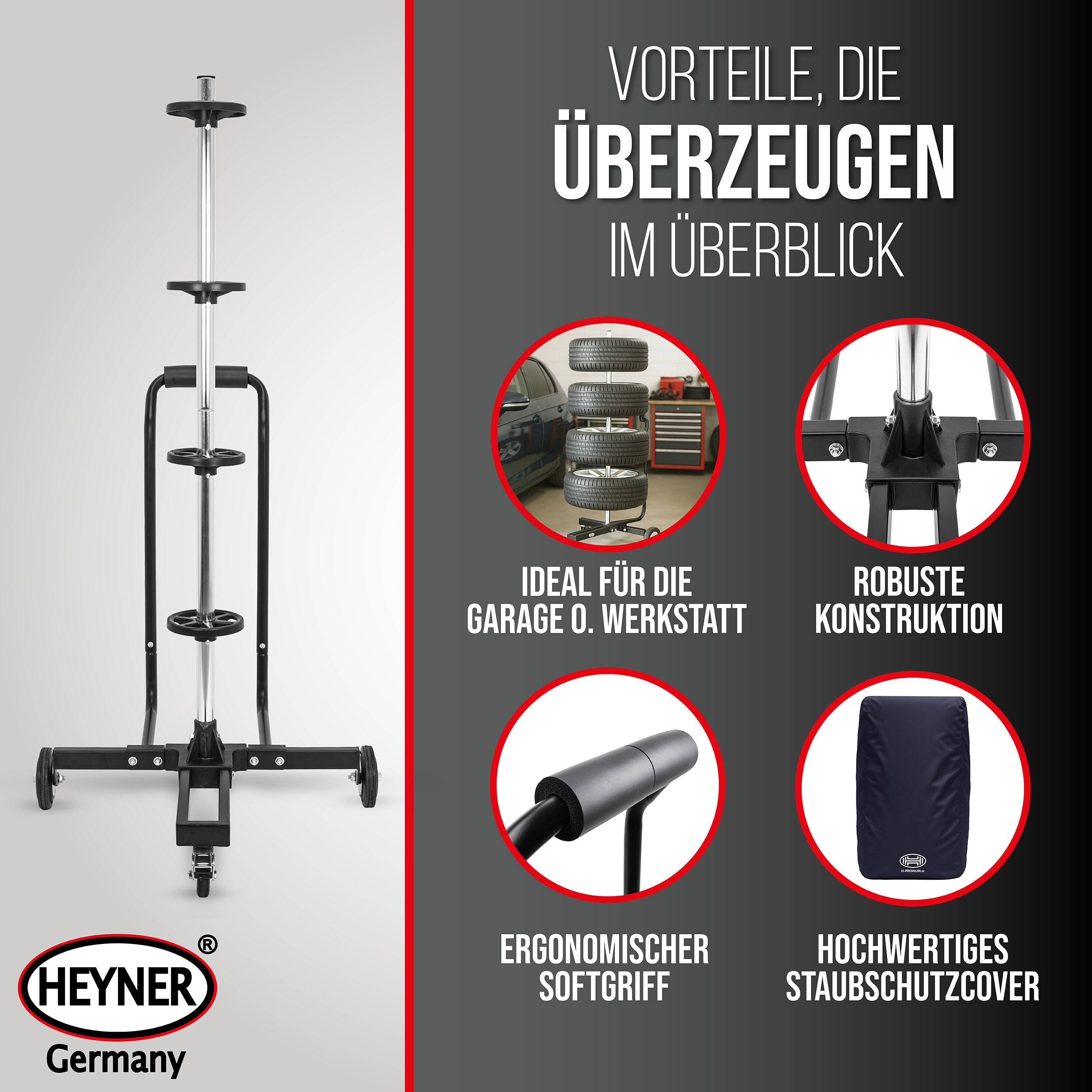 HEYNER® Felgenbaum fahrbar bis 100 kg und 285 mm Reifenbreite mit Griff ergonomische Softgriffe, inklusive