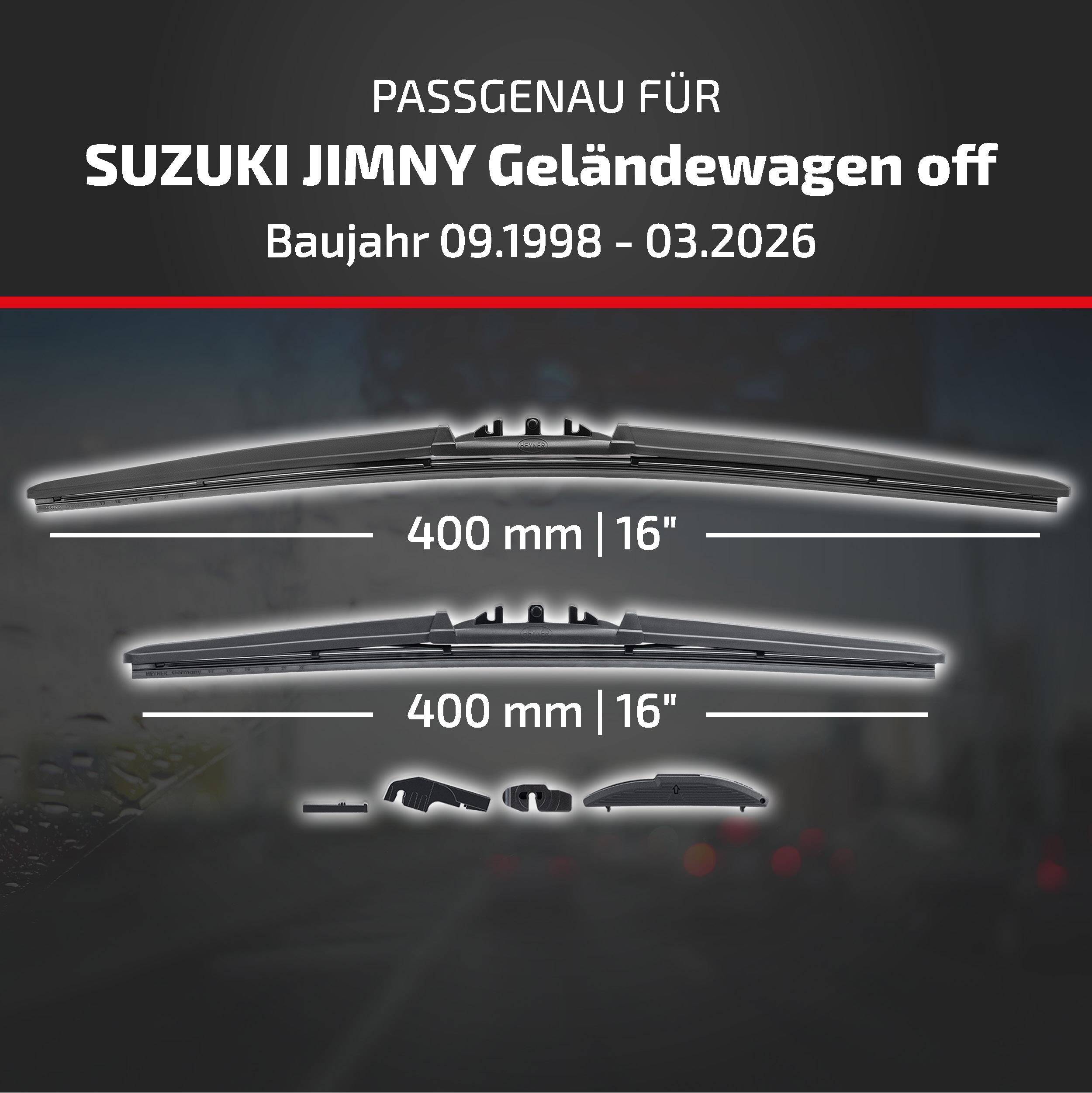 HEYNER® Scheibenwischer für SUZUKI JIMNY Geländewagen offen 09.1998 - 08.2026, HYBRID Flachbalkenwischer,