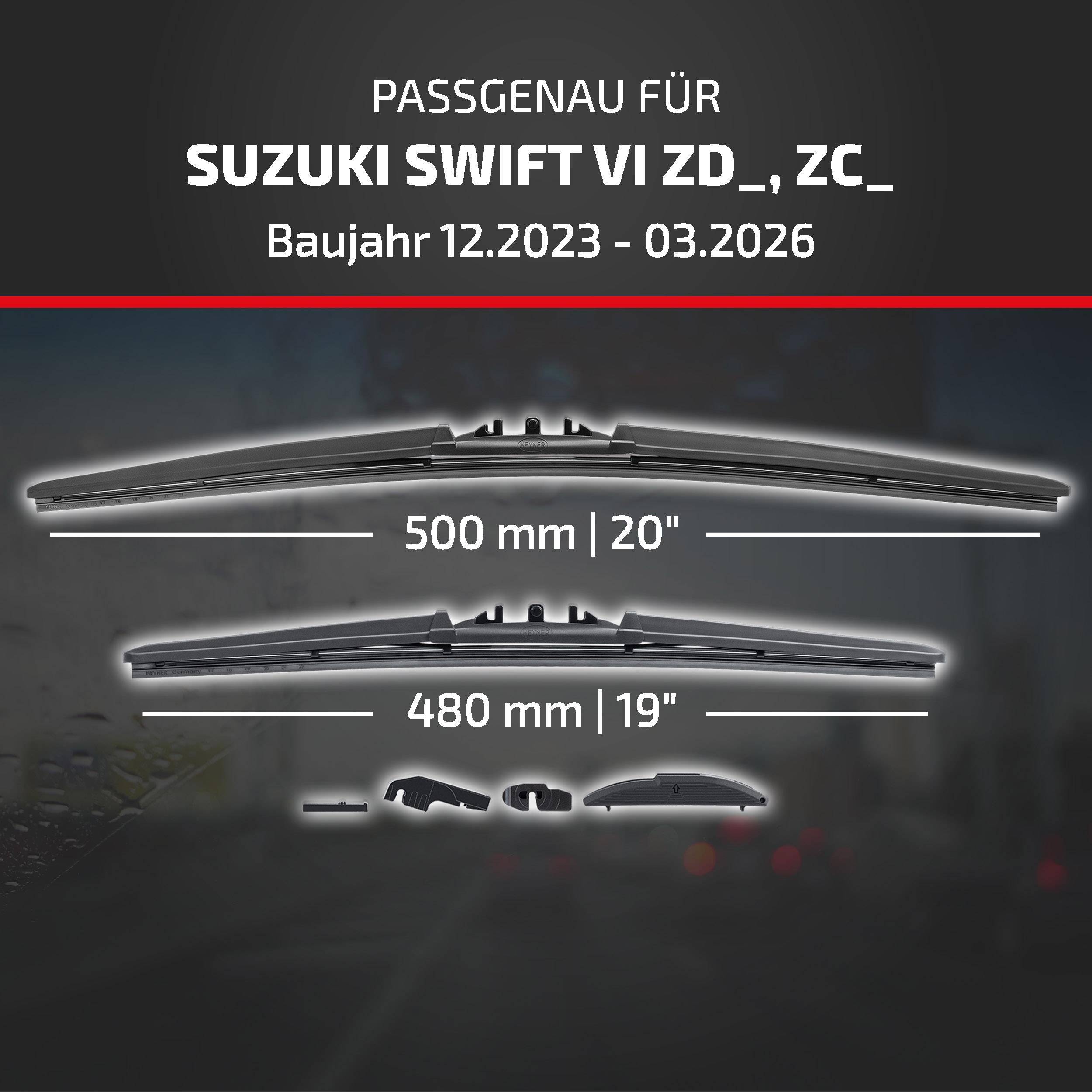 Anzeige für Scheibenwischer passend für Suzuki Swift VI ZD/ ZC, Modelljahre 12/2023-03/2026; zeigt Blattlängen von 500 mm und 480 mm und enthaltene Adapter.