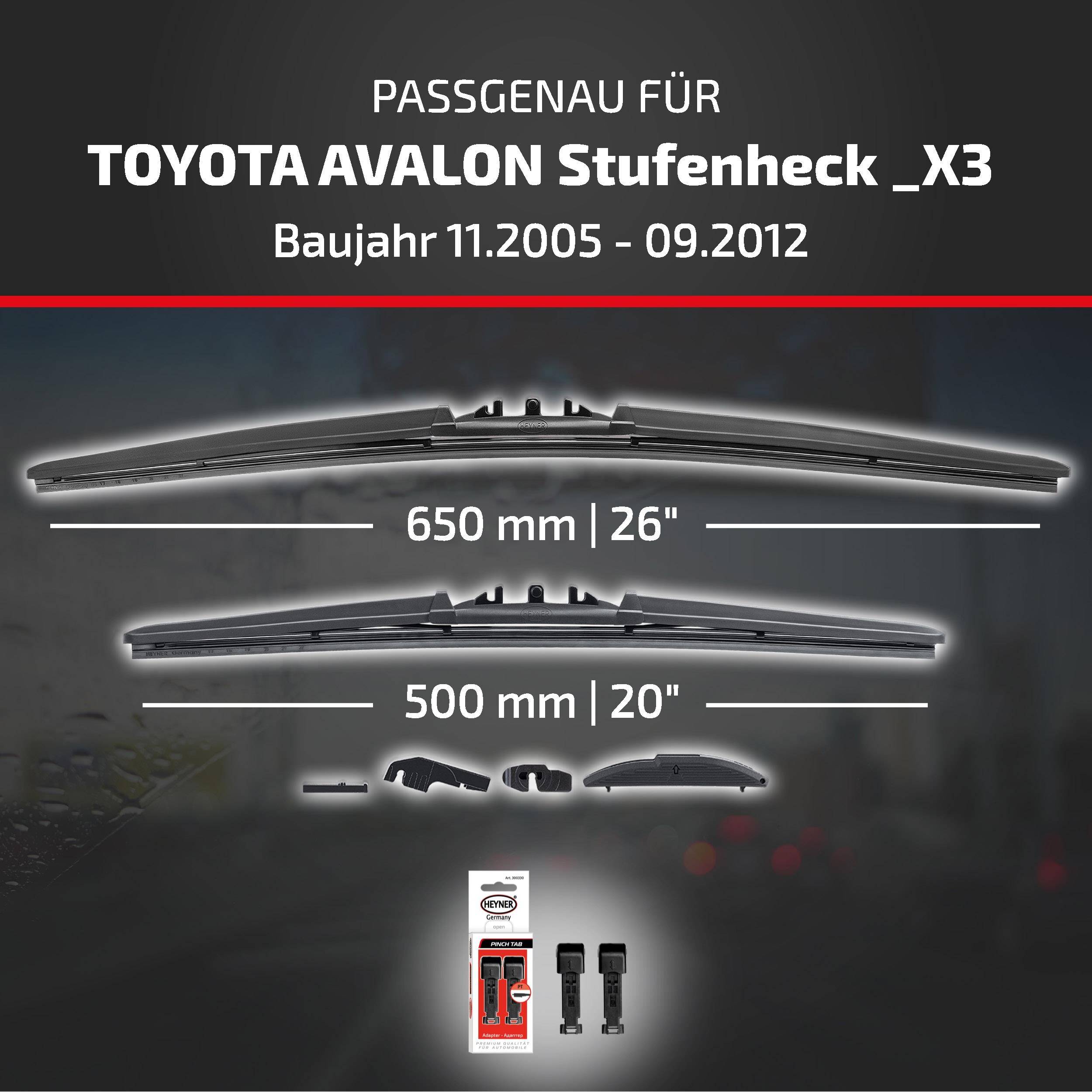 Kompatibilitätsbild für Toyota Avalon Limousine (X3), Modelljahre 11/2005-09/2012, zeigt Wischblattsätze der Größen 650 mm (26