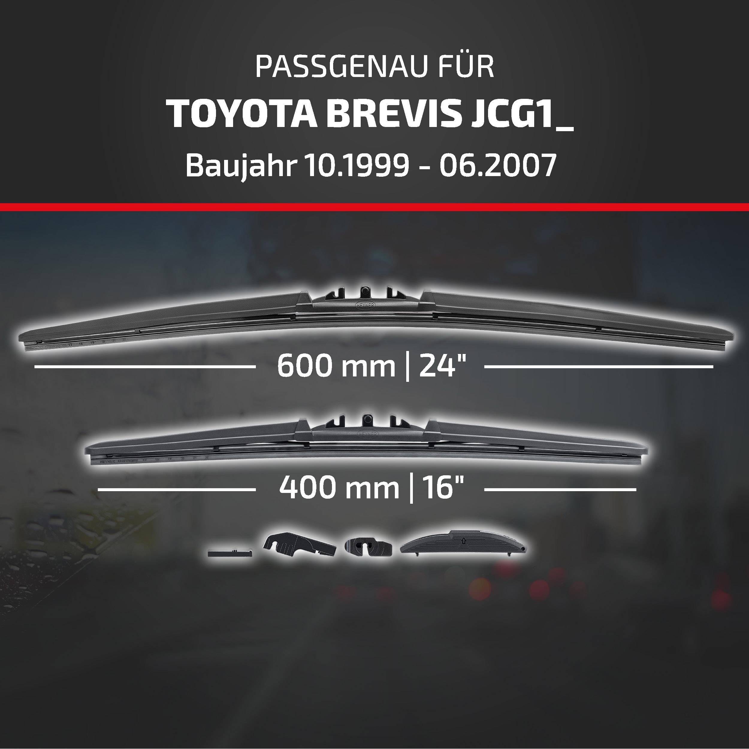 Anzeige für Scheibenwischerblätter kompatibel mit Toyota Brevis JCG1, Modelljahre 10.1999-06.2007; Größen 600 mm und 400 mm dargestellt.