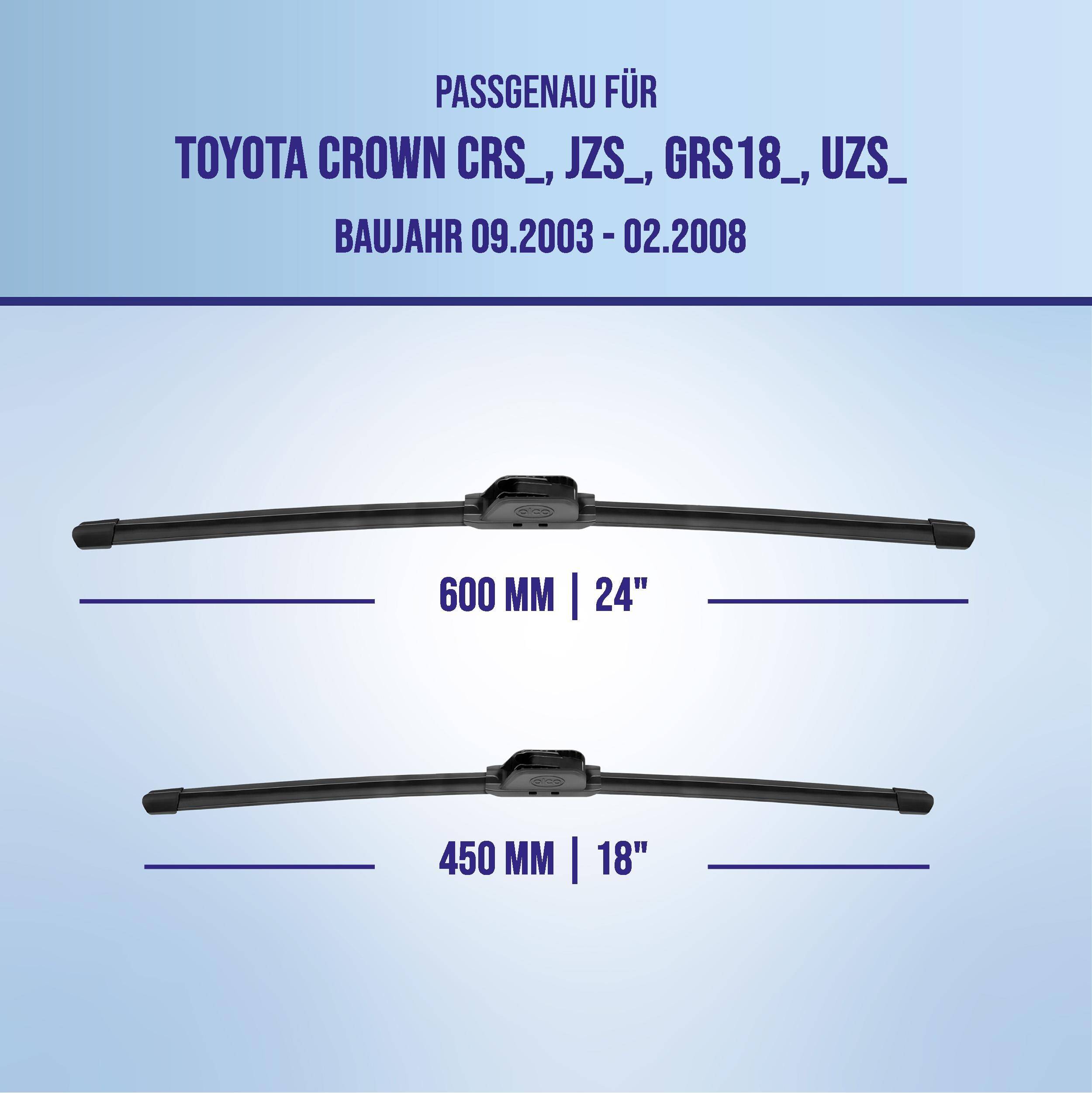 Grafik zur Passform von Scheibenwischblättern für Toyota Crown CRS_, JZS_, GRS18_, UZS_ Modelle, 09/2003–02/2008, mit 600 mm (24