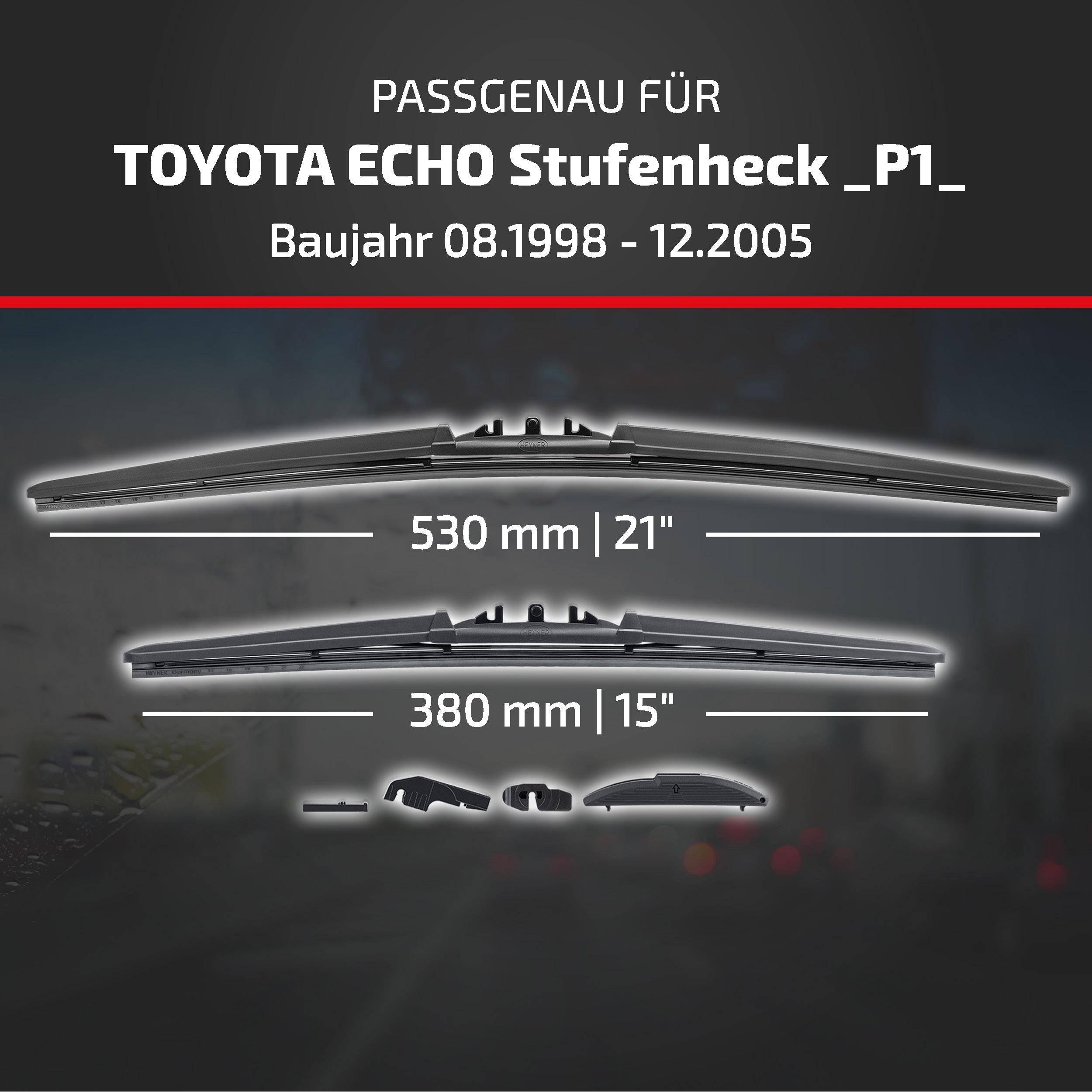 Anzeige für Scheibenwischerblätter für Toyota Echo Stufenheck P1, Modelljahre 08/1998-12/2005, mit Größen 530 mm (21