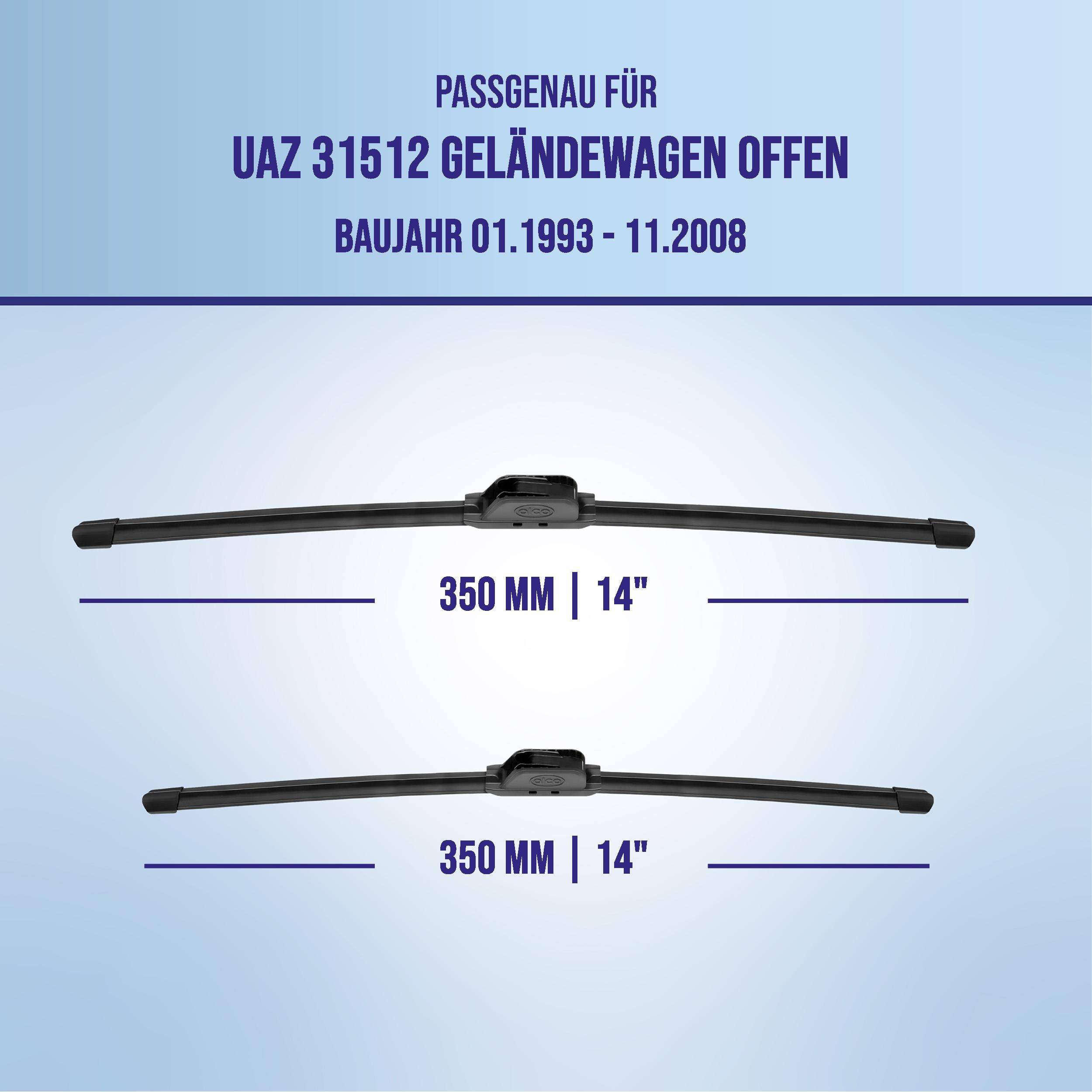 Produktgrafik mit zwei 350-mm-(14-Zoll)-Scheibenwischern für das offene UAZ-31512-Fahrzeug, Modelljahre 01.1993-11.2008.