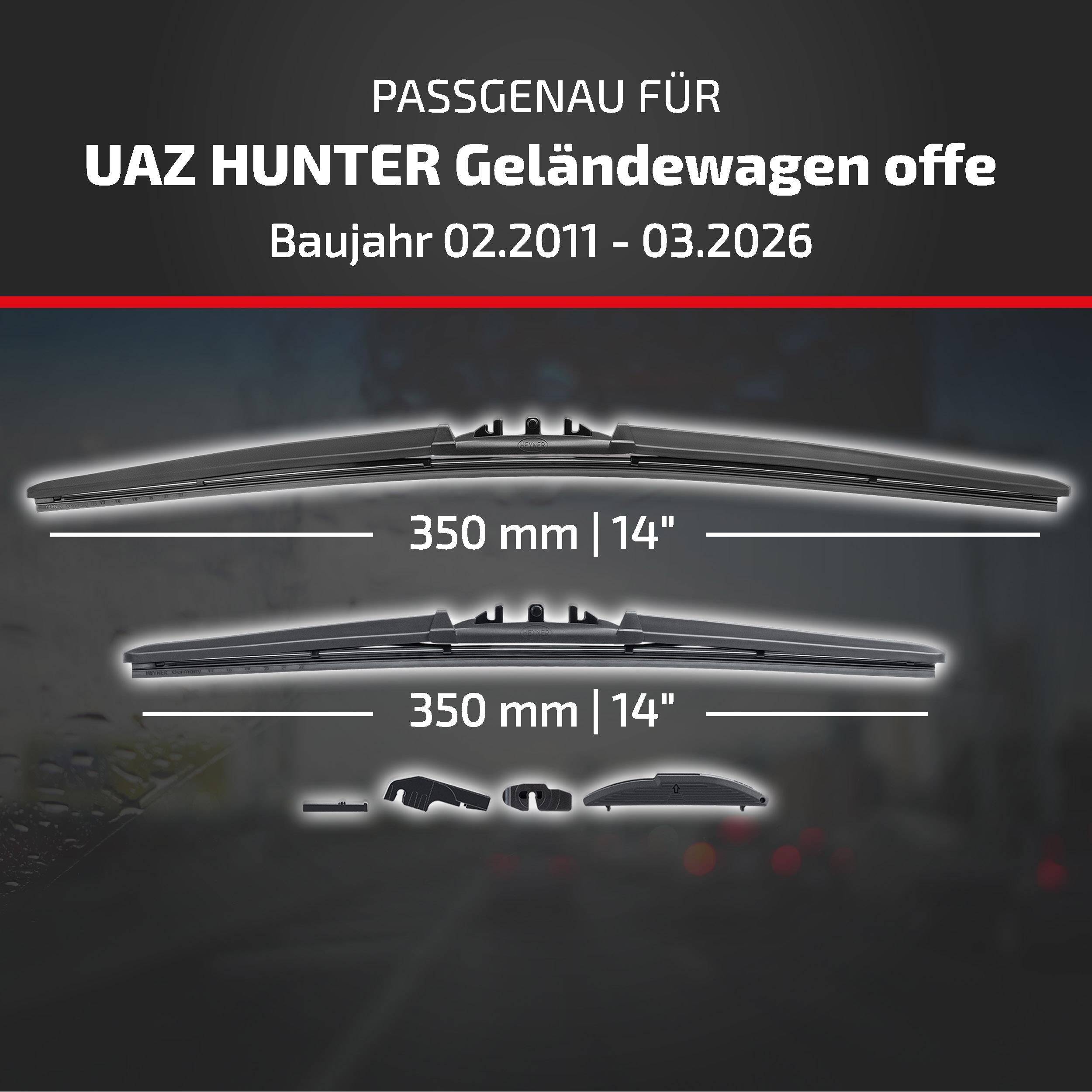 HEYNER® Scheibenwischer für UAZ HUNTER Geländewagen offen 02.2011 - 08.2026, HYBRID Flachbalkenwischer,