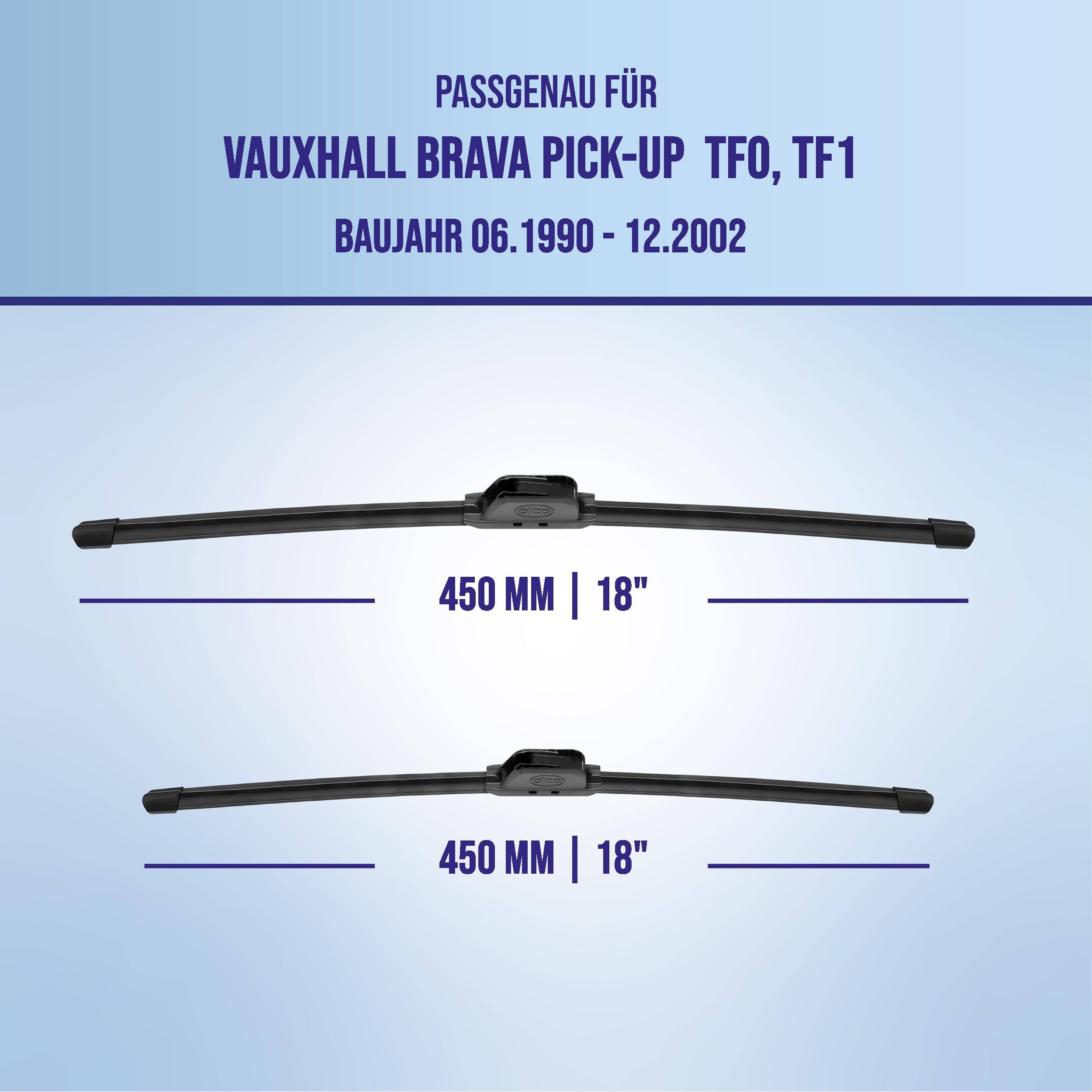 Angebot für zwei 450-mm-Scheibenwischer, gekennzeichnet als passend für Vauxhall Brava Pick-up TF0/TF1, Modelljahre 06/1990–12/2002.