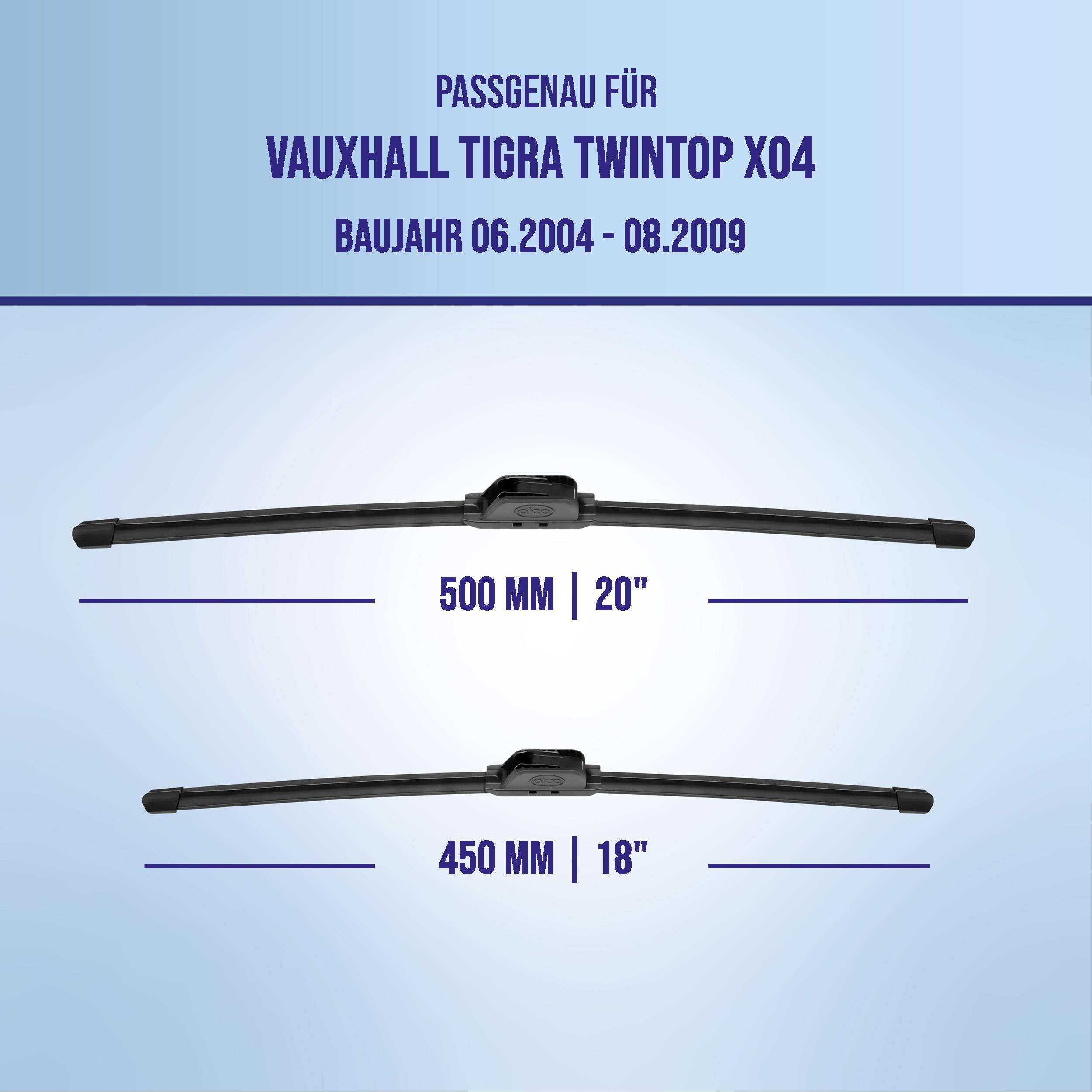 Grafik zeigt Wischblätter, die mit Vauxhall Tigra Twintop X04, Modelljahre 06.2004-08.2009, in den Größen 500 mm (20') und 450 mm (18') kompatibel sind.