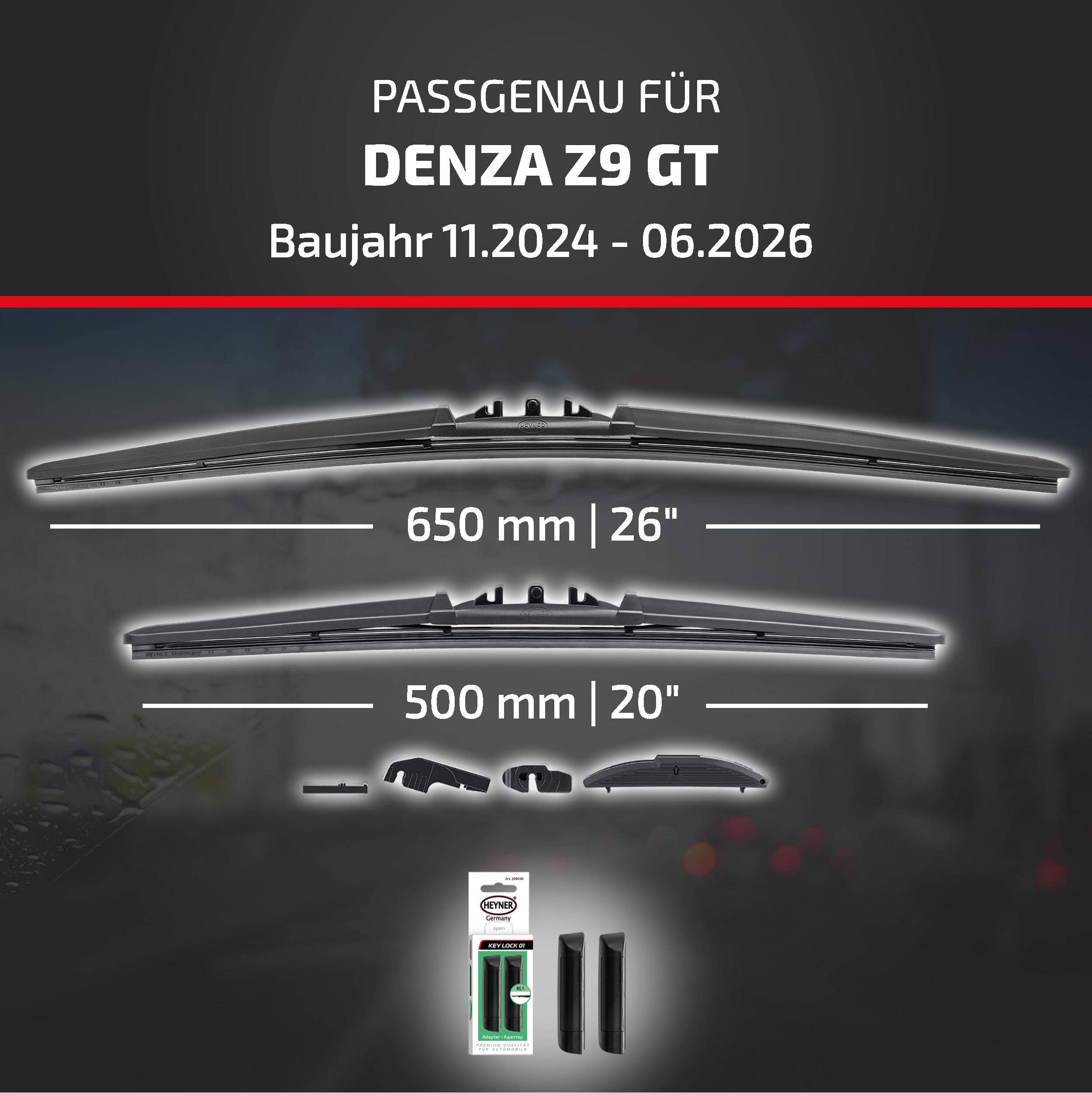 Kompatibilitätsgrafik für Denza Z9 GT (Modelljahr 11.2024-06.2026) mit Scheibenwischergröße: 650 mm (26
