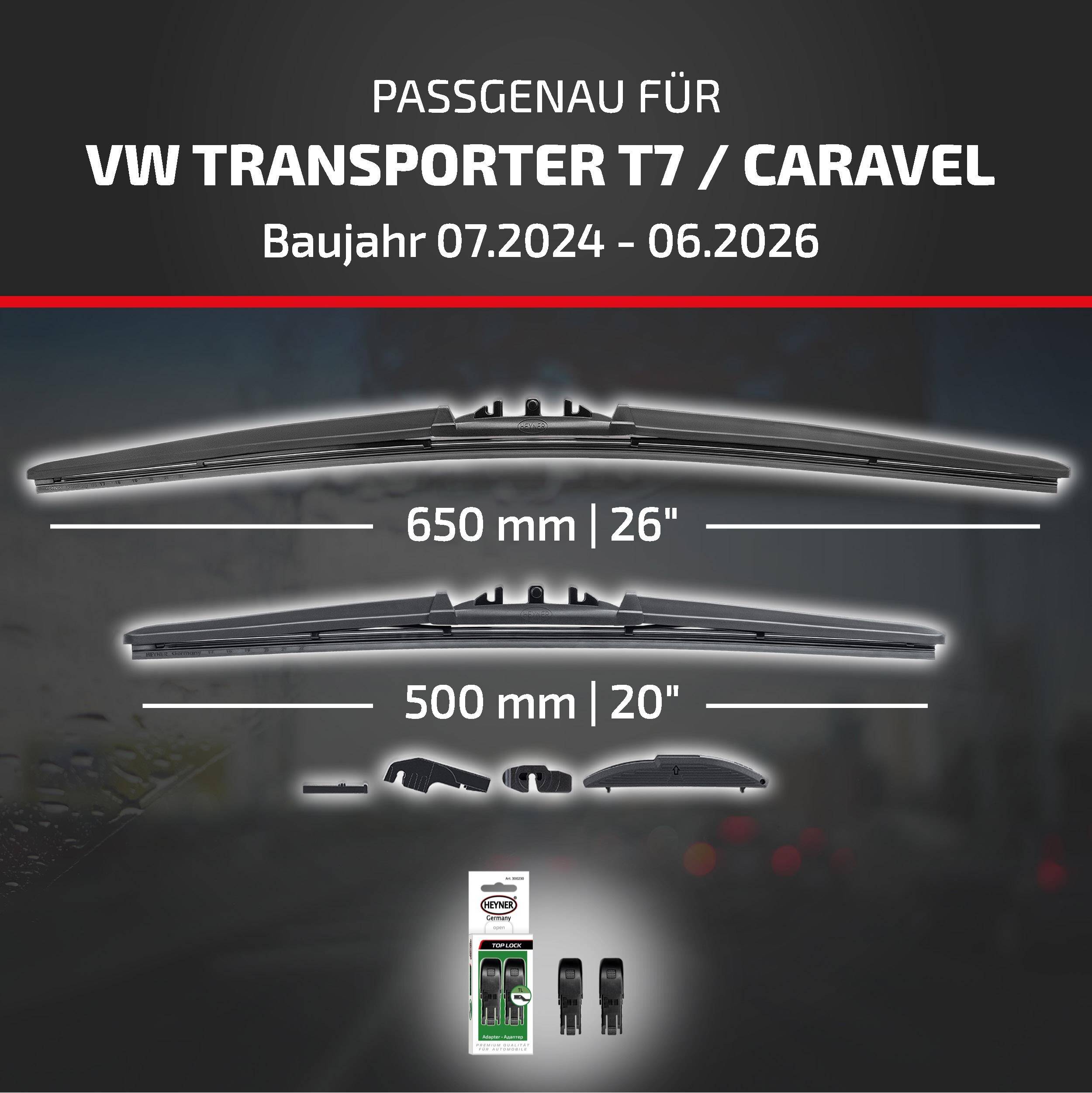 HEYNER® Scheibenwischer für VW TRANSPORTER T7 / CARAVELLE T7 Bus 07.2024 - 08.2026, HYBRID Flachbalkenwischer,