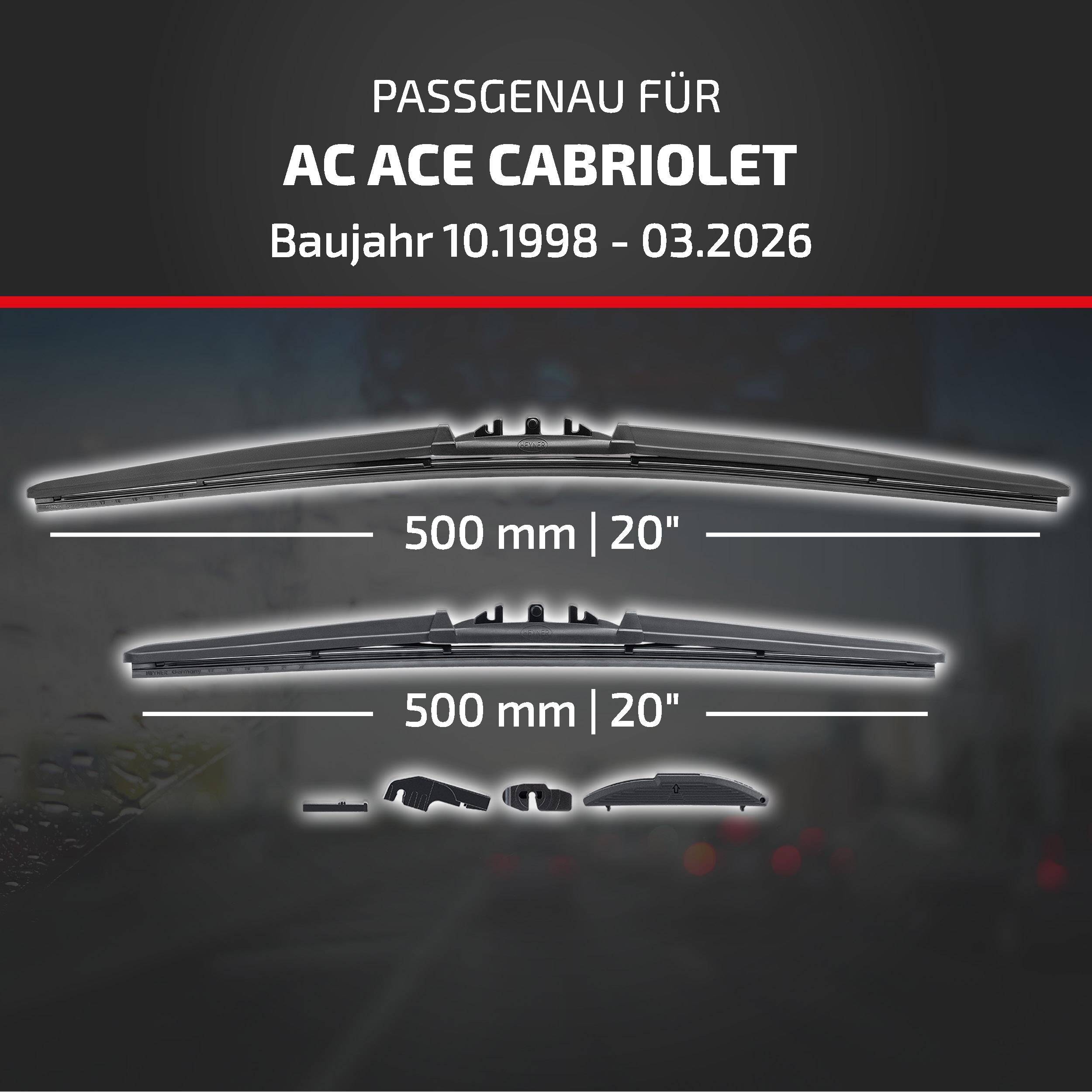 Die Anzeige besagt, dass diese Scheibenwischblätter für einen AC Ace Cabriolet, Modelljahre 10/1998 bis 03/2026, passen und 500 mm (20