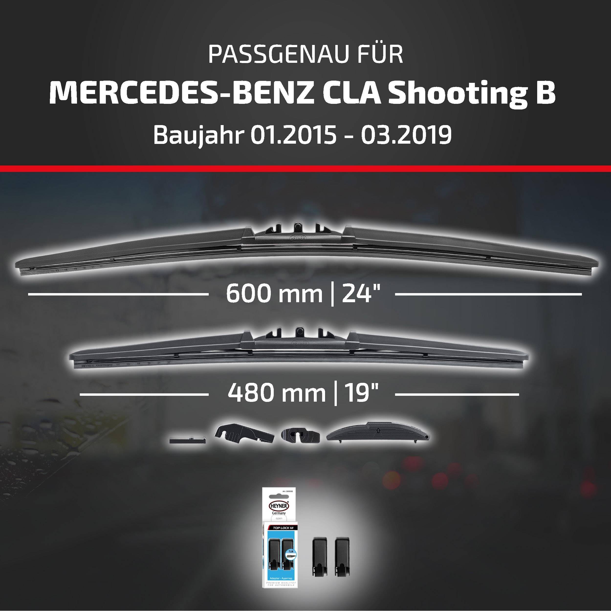 Das Bild zeigt kompatible Scheibenwischer für Mercedes-Benz CLA Shooting Brake, Modelljahre 01/2015–03/2019, in den Größen 600 mm (24