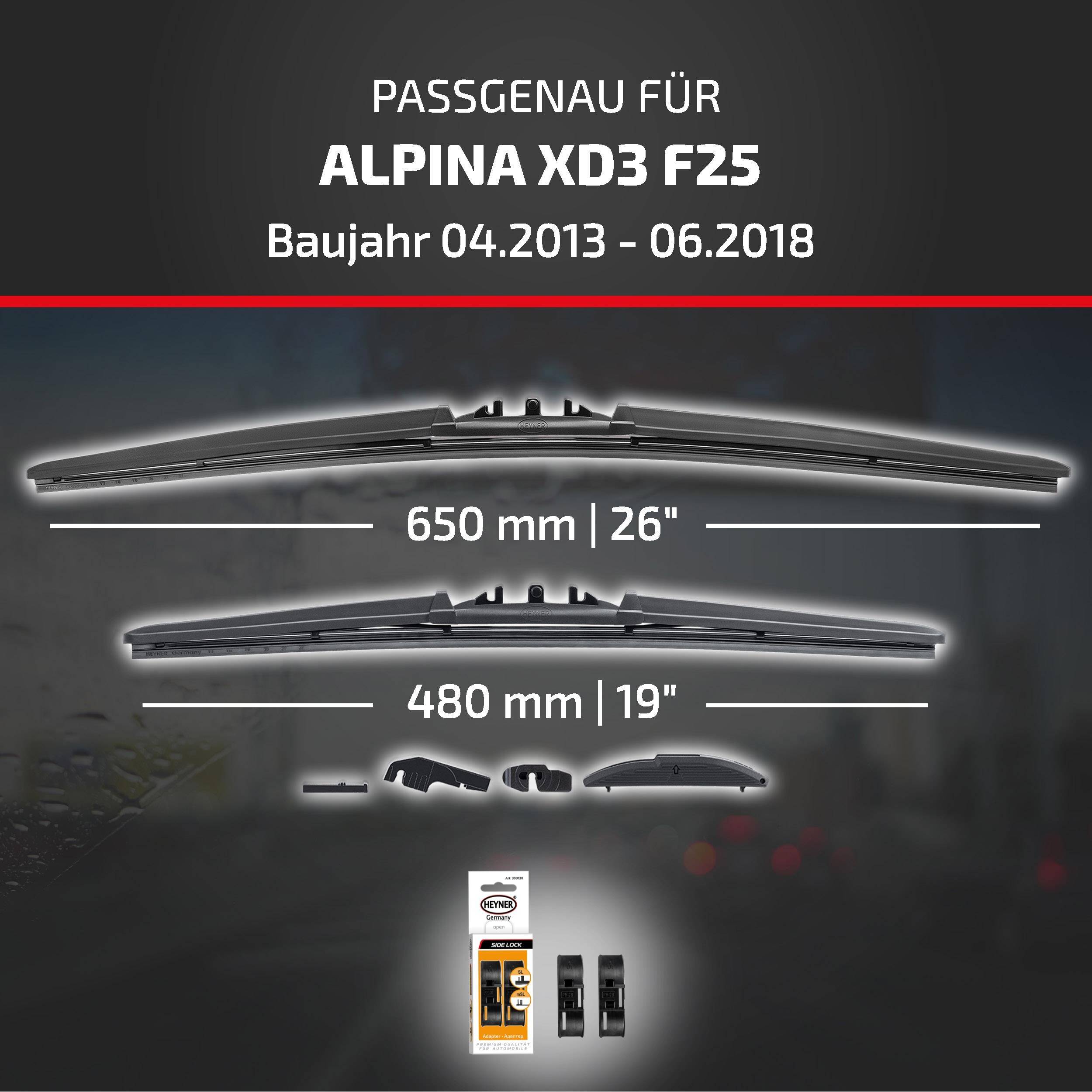 Kompatibilitätstabelle für Alpina XD3 F25 (04.2013-06.2018), zeigt Scheibenwischergröße 650 mm (26