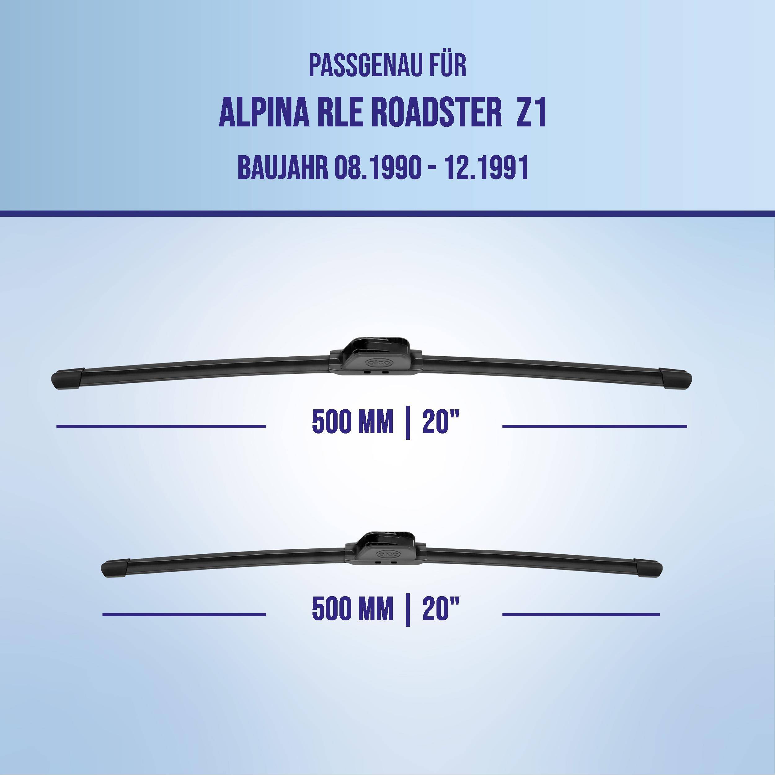 Grafik zeigt Scheibenwischer, die mit Alpina RLE Roadster Z1, Modelljahre 08.1990-12.1991 kompatibel sind; zwei Blätter beschriftet 500 mm | 20