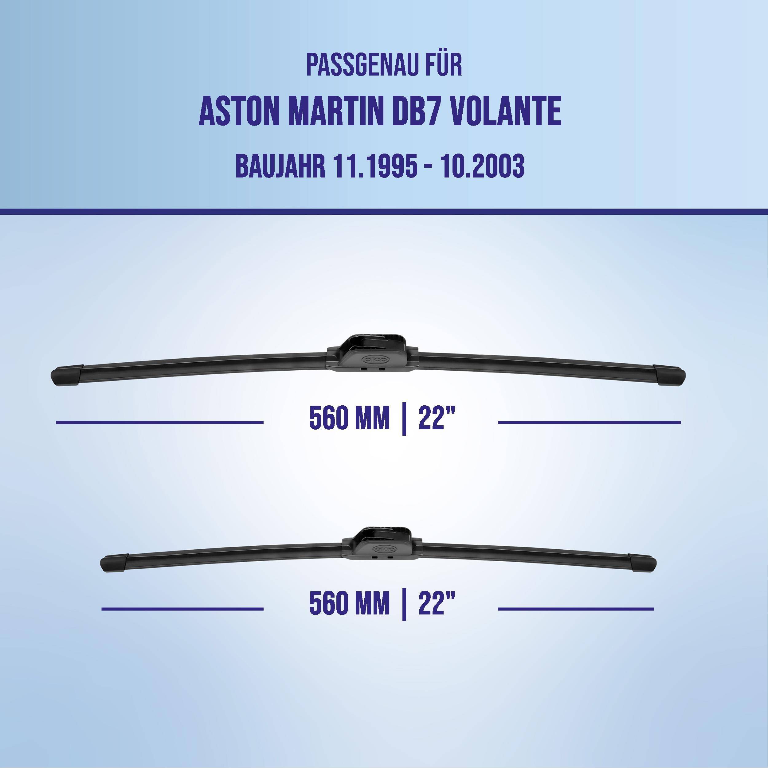 Produktabbildung zeigt zwei 560 mm (22 Zoll) Scheibenwischblätter, gekennzeichnet als passend für Aston Martin DB7 Volante Modelle von 11/1995 bis 10/2003.