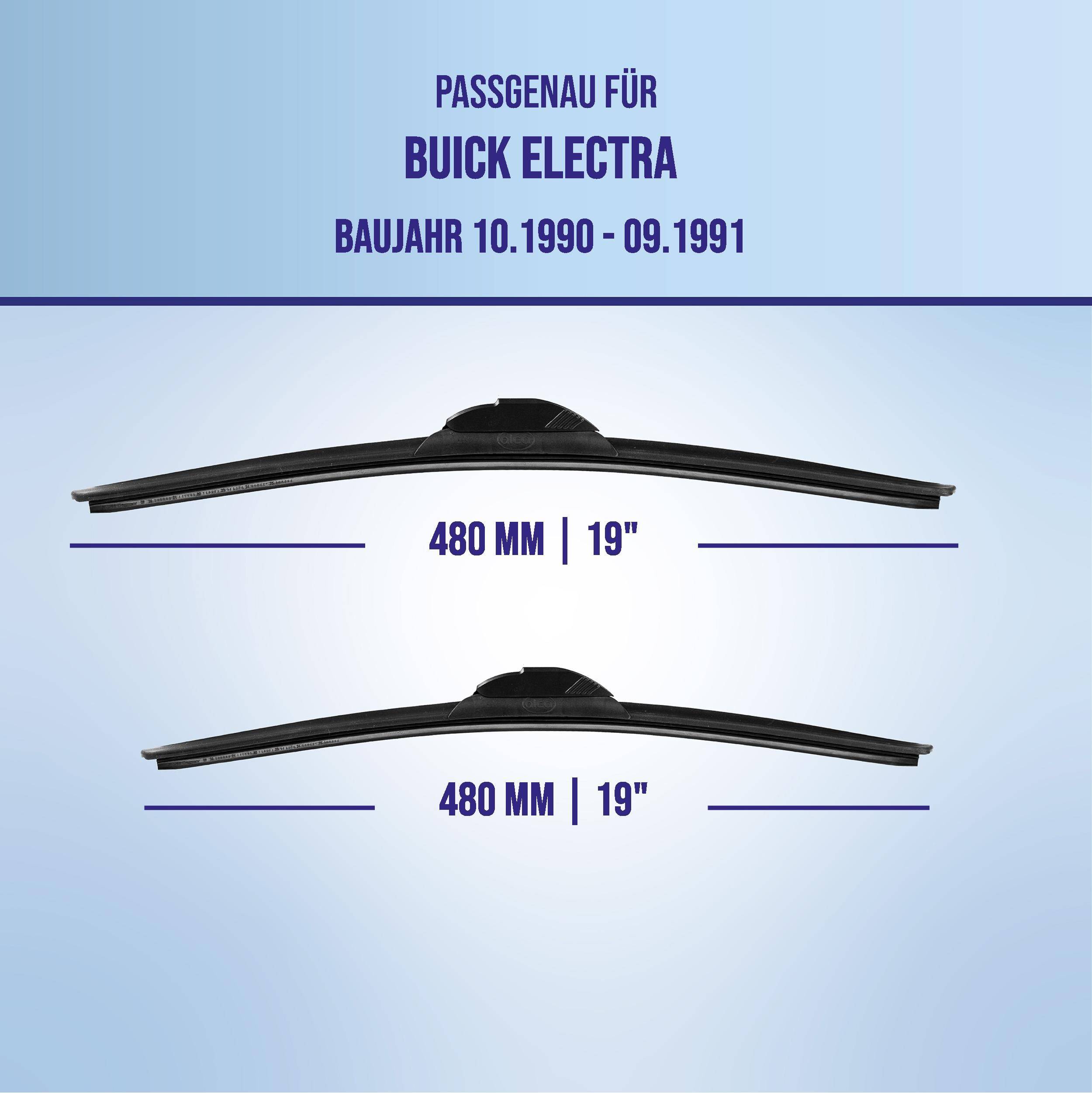 Kompatibilitätsdiagramm für Buick Electra (1990-1991) mit zwei Scheibenwischern, jeweils 480 mm (19 Zoll).