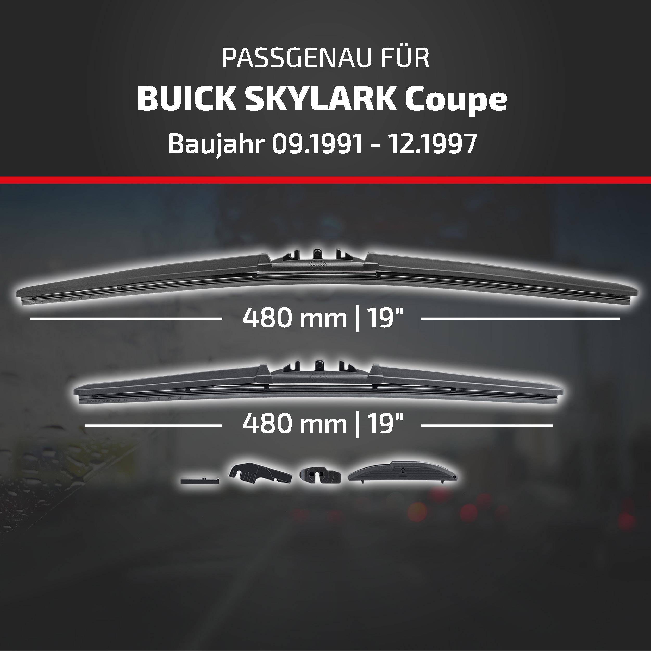 Kompatibilitätsgrafik für Buick Skylark Coupé, Modelljahre 09/1991-12/1997, mit zwei Wischerblättern, beide mit der Bezeichnung 480 mm (19